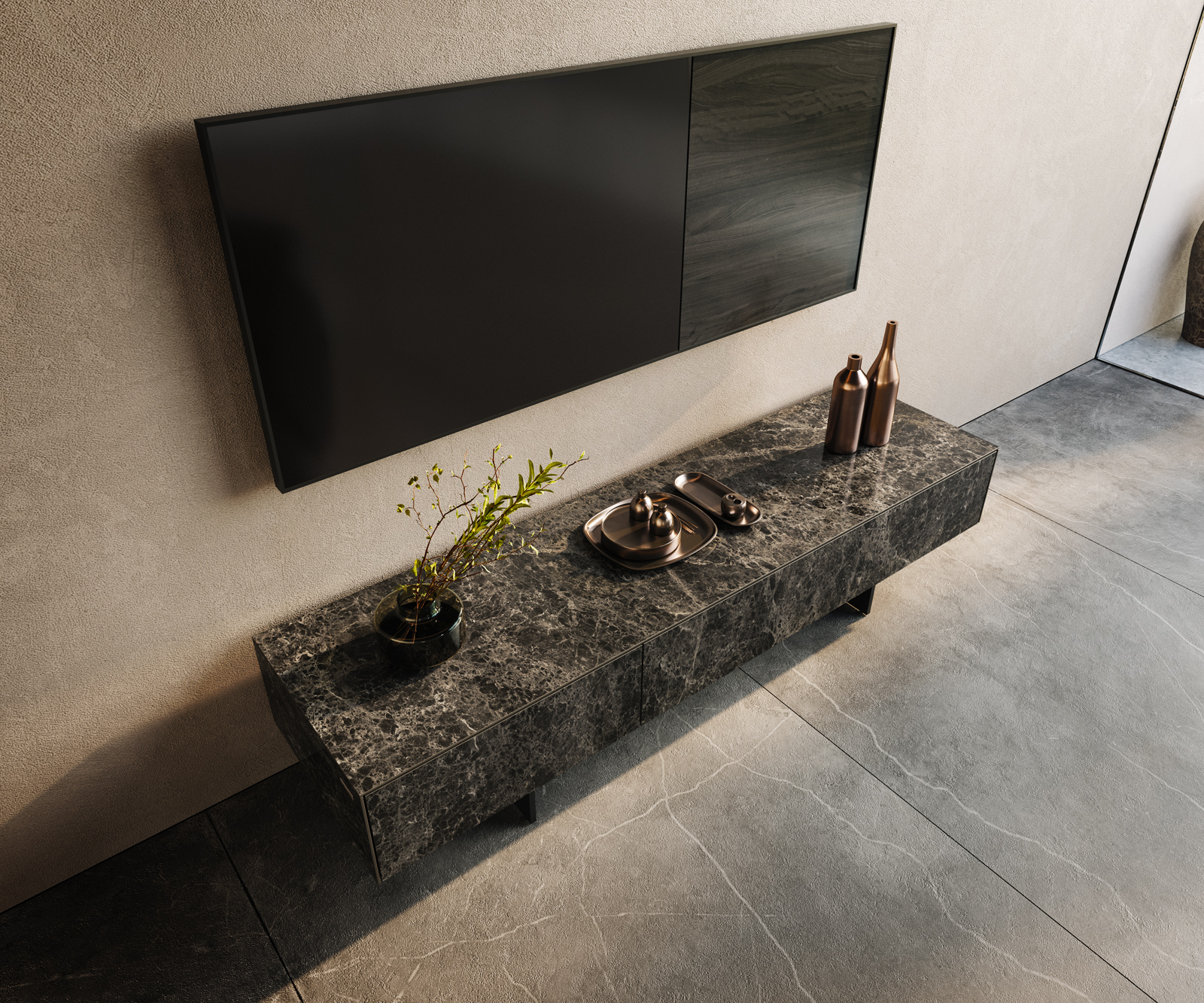 TV stolík Cuor 150 cm keramika Laminam® Emperador Extra Lucidato tmavohnedá 1 výklopné dvierka 1 zásuvka podstava závesná kov čierna - Image 4