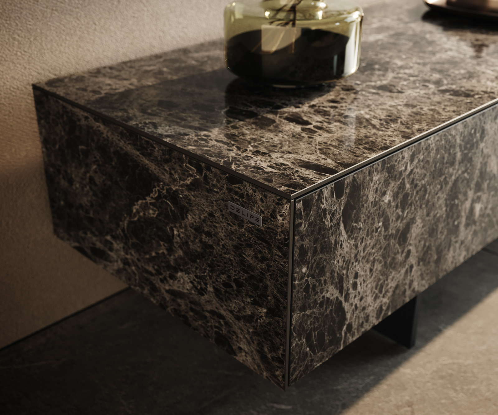 TV stolík Cuor 150 cm keramika Laminam® Emperador Extra Lucidato tmavohnedá 1 výklopné dvierka 1 zásuvka podstava závesná kov čierna - Image 6