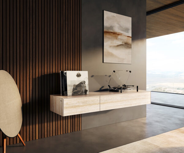 TV stolík Cuor 150 cm keramika Laminam® Travertino Bianco krémovo biela 1 výklopné dvierka 1 zásuvka závesné