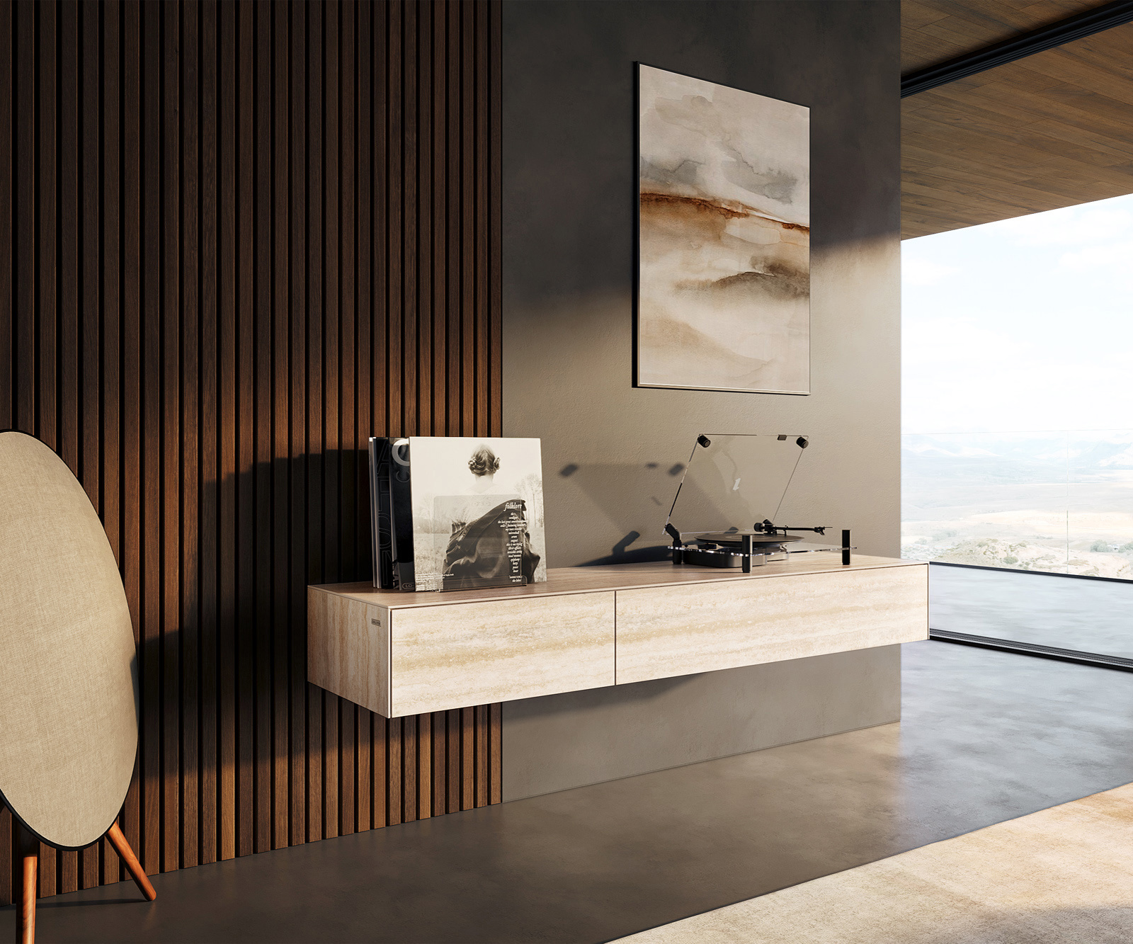 TV stolík Cuor 150 cm keramika Laminam® Travertino Bianco krémovo biela 1 výklopné dvierka 1 zásuvka závesné