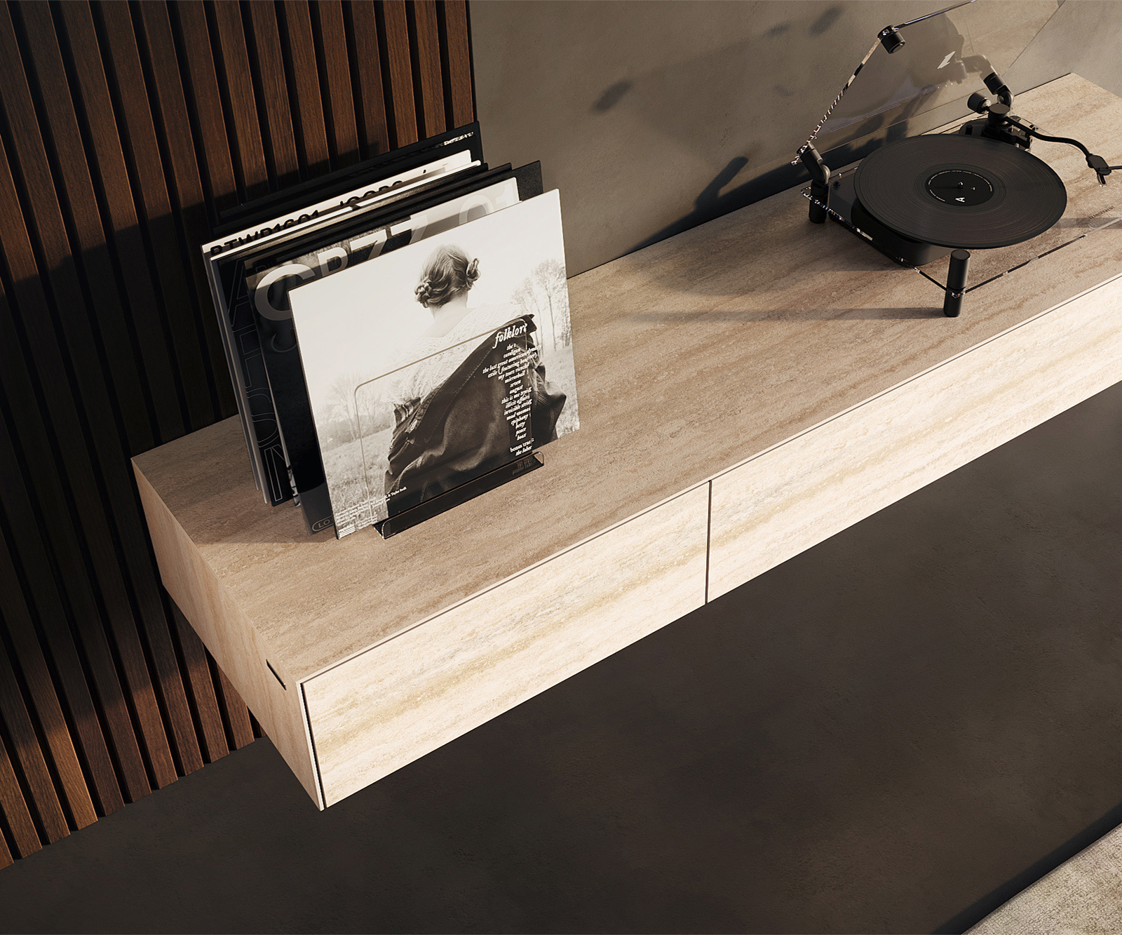 TV stolík Cuor 150 cm keramika Laminam® Travertino Bianco krémovo biela 1 výklopné dvierka 1 zásuvka závesné - Image 4