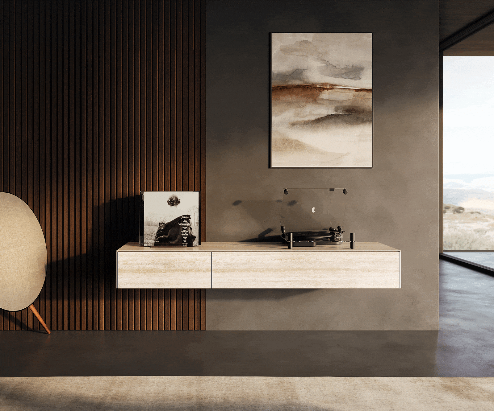 TV stolík Cuor 150 cm keramika Laminam® Travertino Bianco krémovo biela 1 výklopné dvierka 1 zásuvka závesné - Image 2