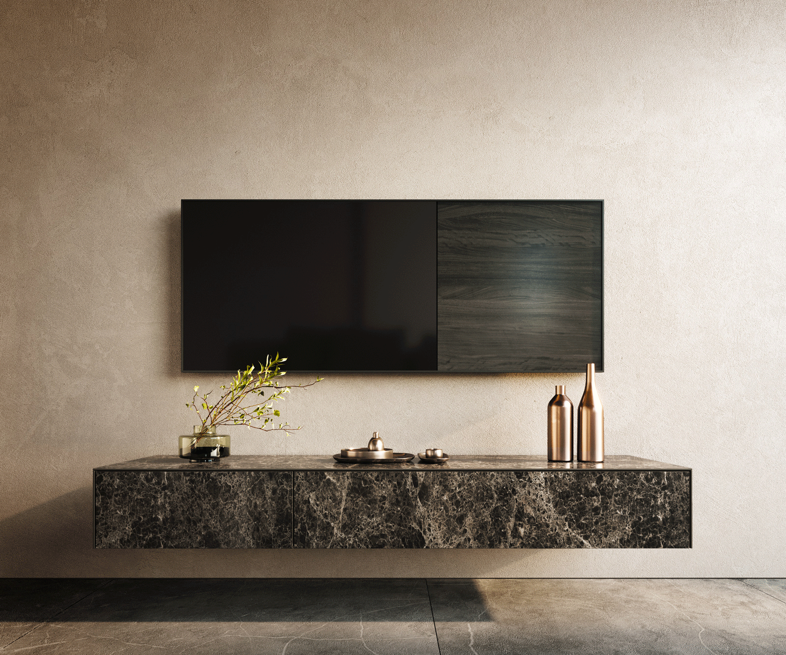 TV stolík Cuor 150 cm keramika Laminam® Emperador Extra Lucidato tmavohnedá 1 výklopné dvierka 1 zásuvka závesné - Image 2