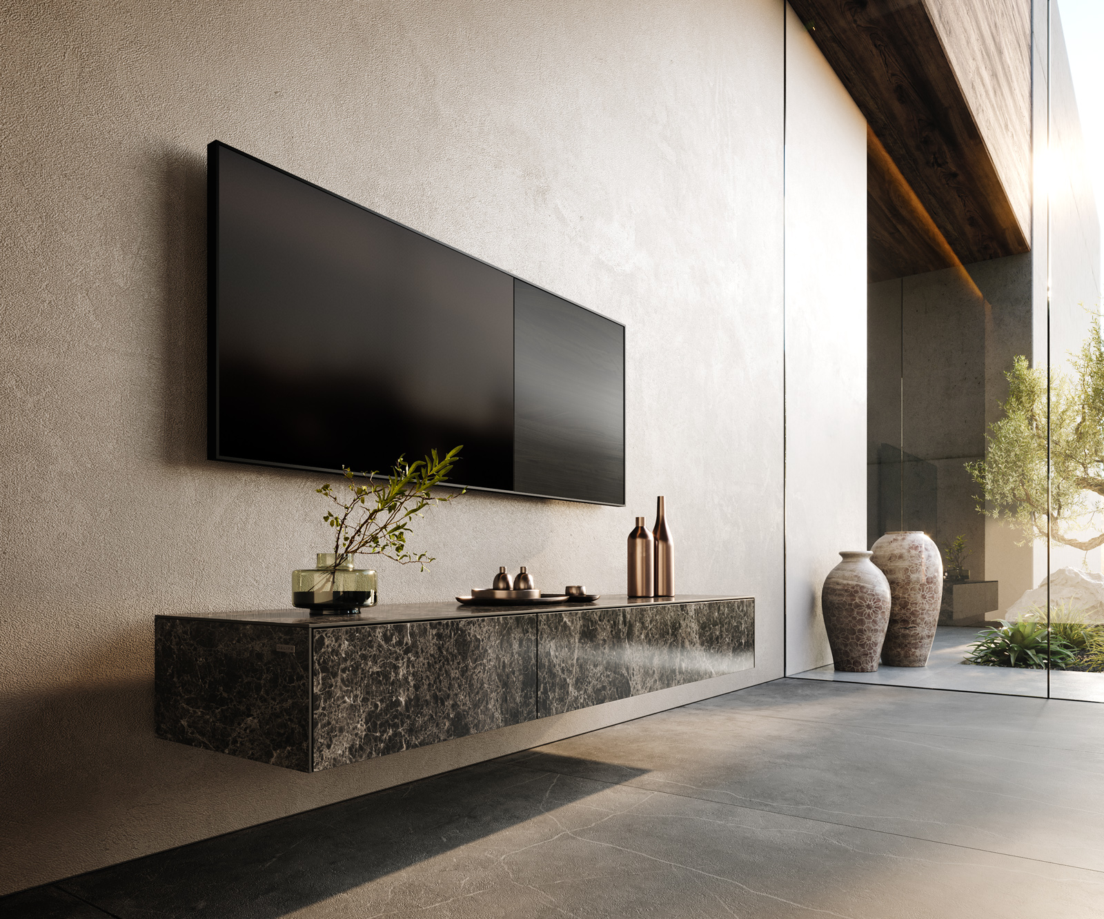 TV stolík Cuor 150 cm keramika Laminam® Emperador Extra Lucidato tmavohnedá 1 výklopné dvierka 1 zásuvka závesné