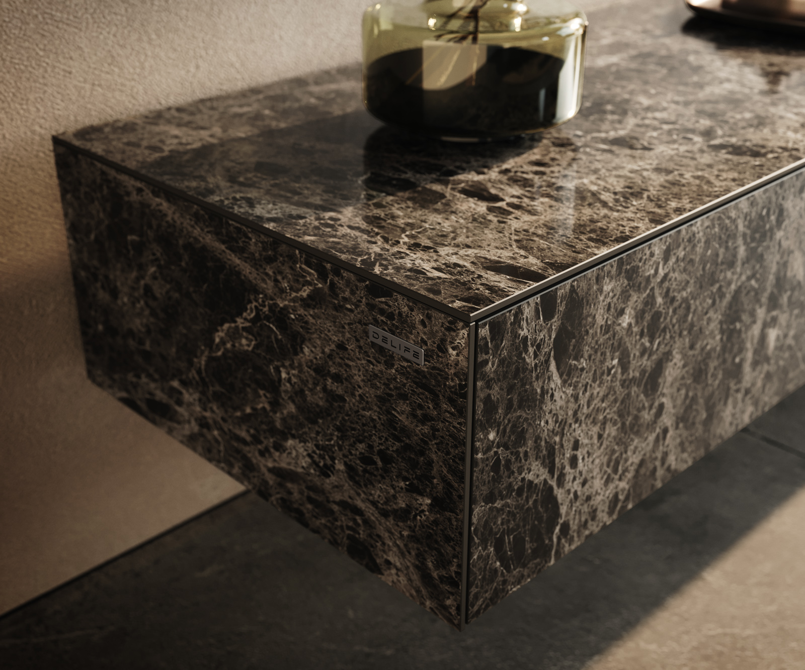 TV stolík Cuor 150 cm keramika Laminam® Emperador Extra Lucidato tmavohnedá 1 výklopné dvierka 1 zásuvka závesné - Image 6