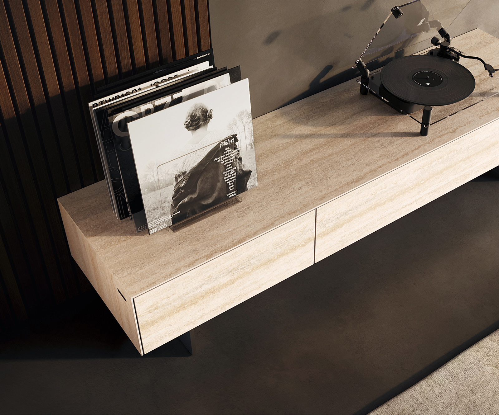 TV stolík Cuor 150 cm keramika Laminam® Travertino Bianco krémovo biela 1 výklopné dvierka 1 zásuvka podstava závesná nerezová oceľ - Image 4