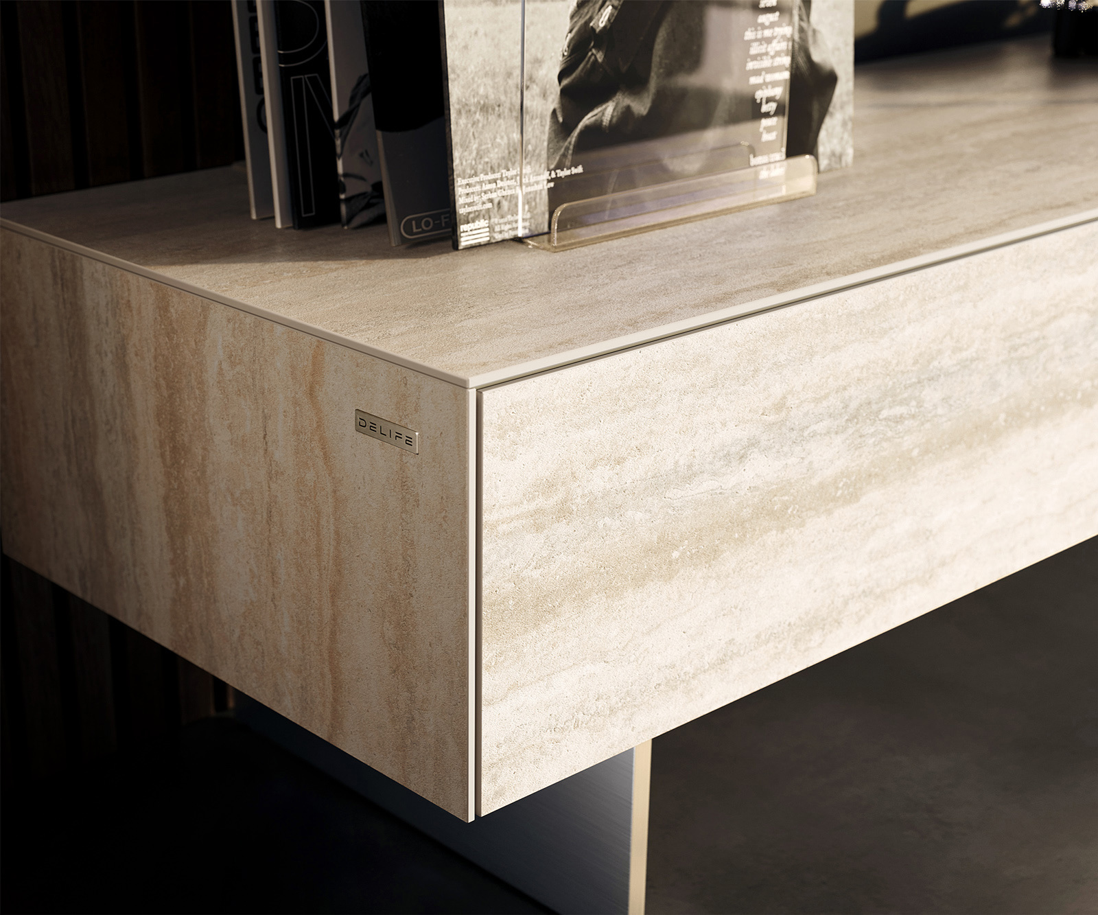 TV stolík Cuor 150 cm keramika Laminam® Travertino Bianco krémovo biela 1 výklopné dvierka 1 zásuvka podstava závesná nerezová oceľ - Image 6