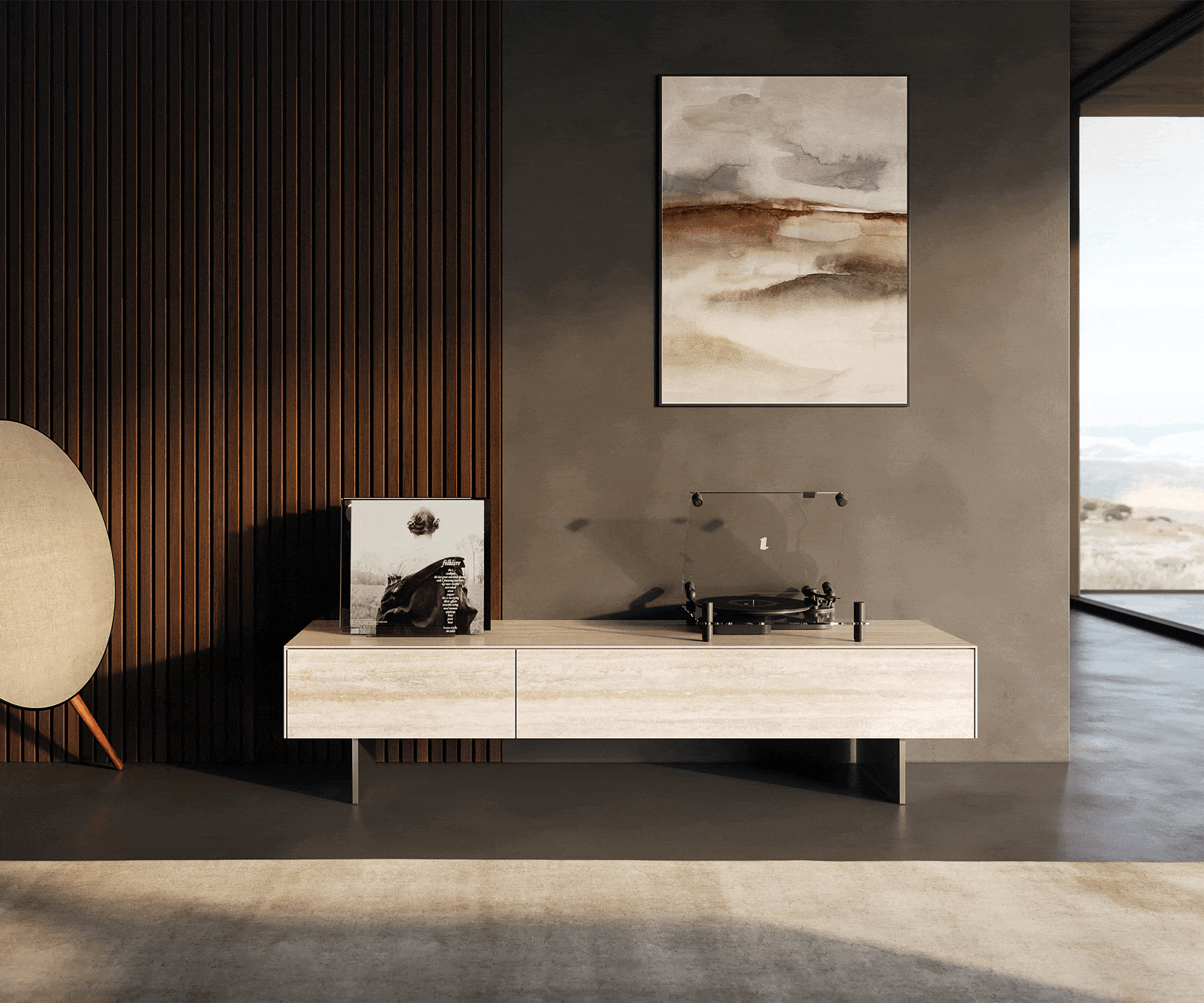 TV stolík Cuor 150 cm keramika Laminam® Travertino Bianco krémovo biela 1 výklopné dvierka 1 zásuvka podstava závesná nerezová oceľ - Image 2