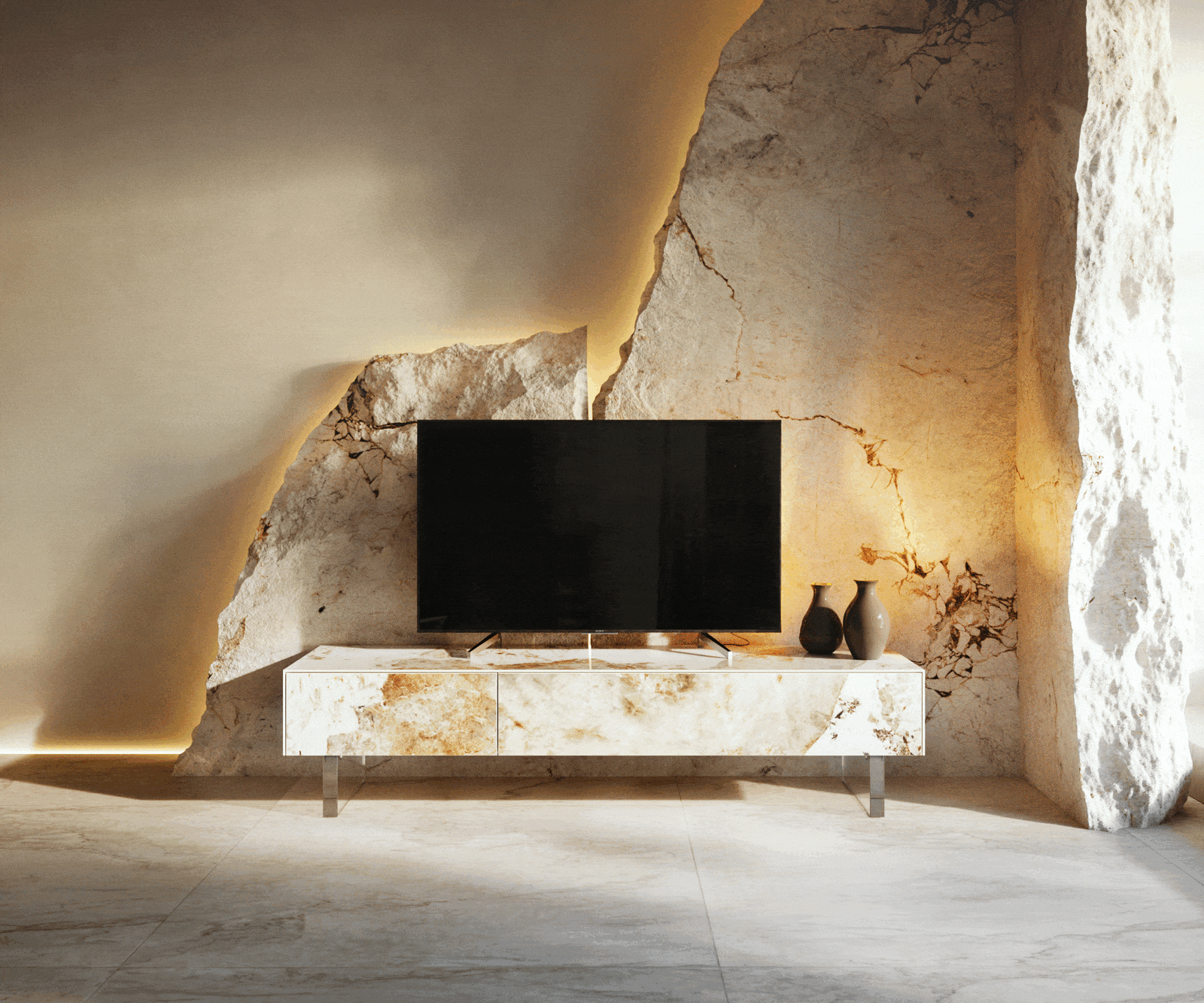 TV stolík Cuor 150 cm keramika Minas Melange bielo-béžová 1 výklopné dvierka 1 zásuvka podstava závesná akrylové sklo - Image 6