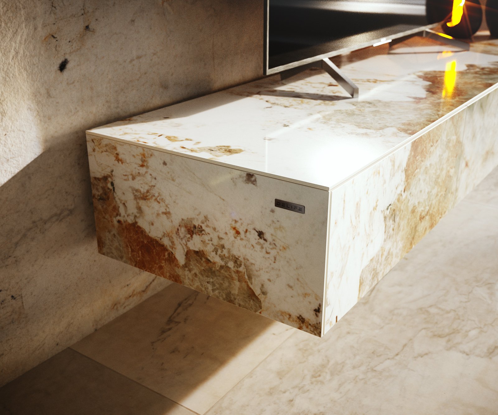 TV stolík Cuor 150 cm keramika Minas Melange bielo-béžová 1 výklopné dvierka 1 zásuvka podstava závesná akrylové sklo - Image 7