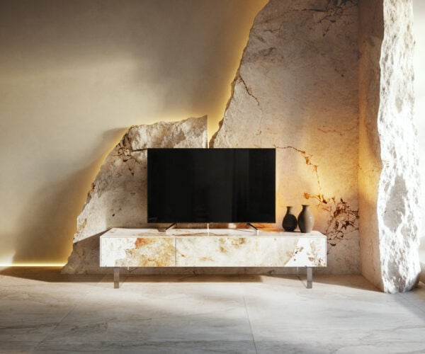 TV stolík Cuor 150 cm keramika Minas Melange bielo-béžová 1 výklopné dvierka 1 zásuvka podstava závesná akrylové sklo