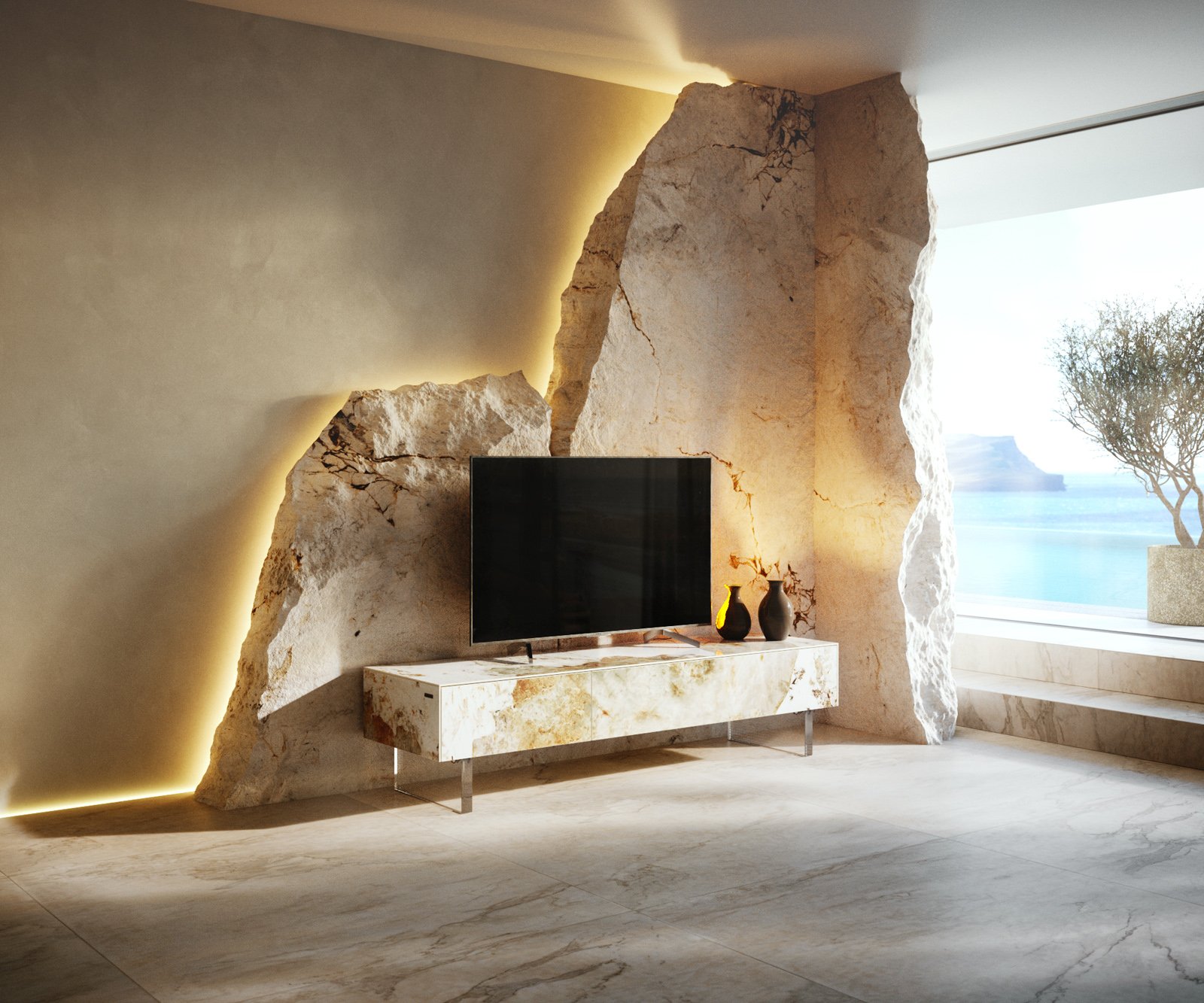 TV stolík Cuor 150 cm keramika Minas Melange bielo-béžová 1 výklopné dvierka 1 zásuvka podstava závesná akrylové sklo - Image 2