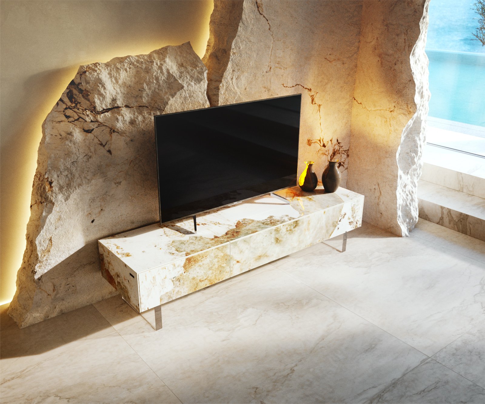 TV stolík Cuor 150 cm keramika Minas Melange bielo-béžová 1 výklopné dvierka 1 zásuvka podstava závesná akrylové sklo - Image 4