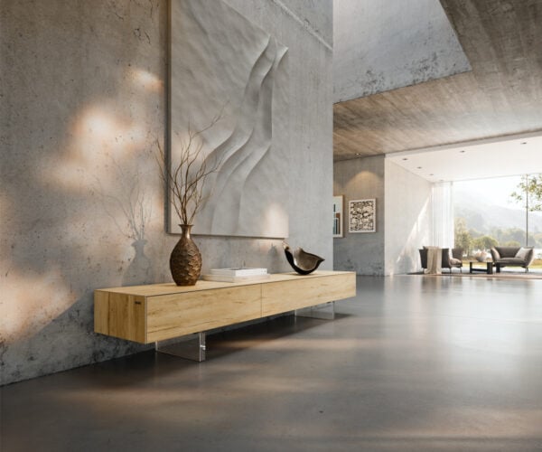 TV stolík Cuor 200 cm keramika Laminam® sabbia v dubovej farbe 1 výklopné dvierka 1 zásuvka podstava závesná akrylové sklo