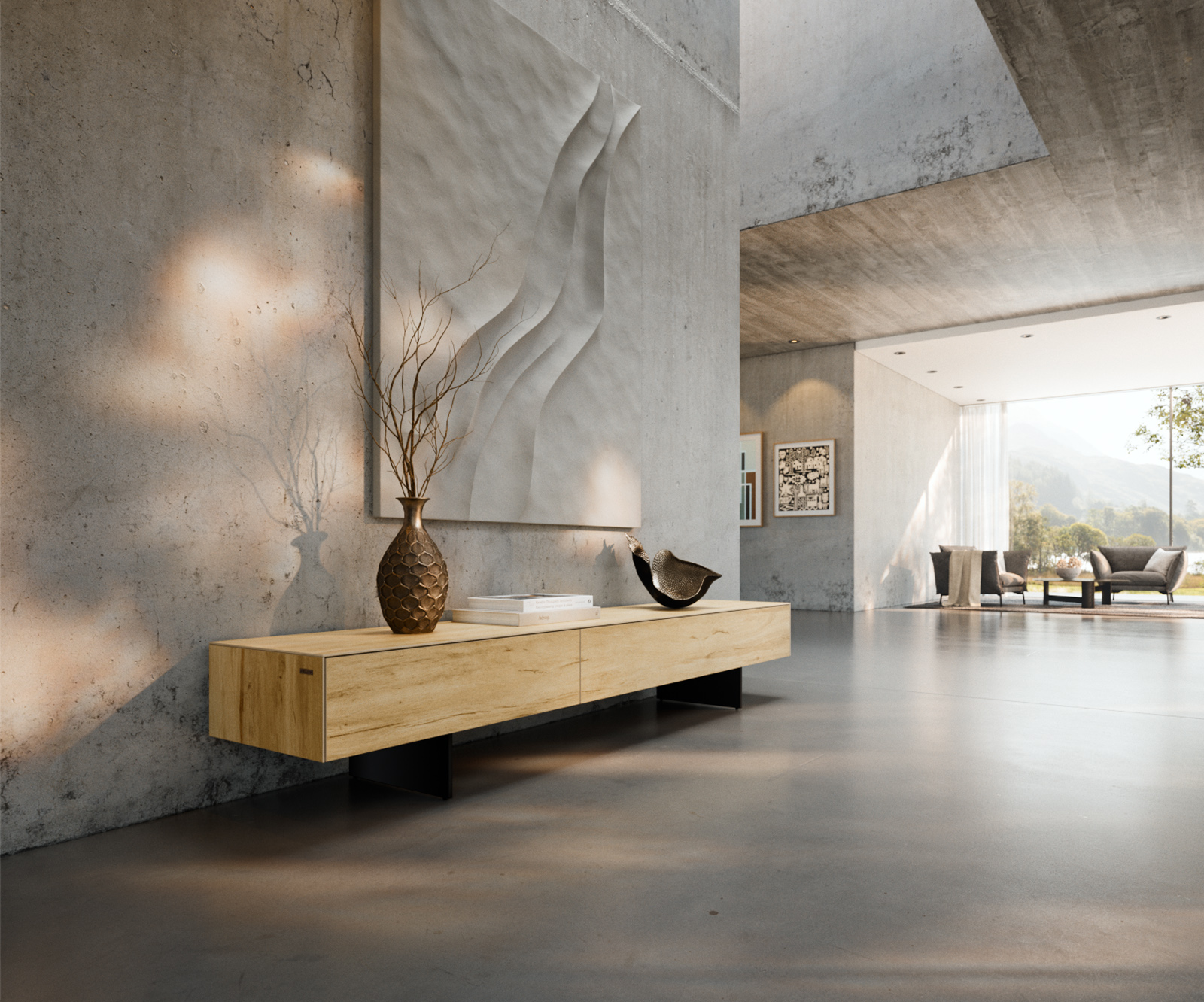 TV stolík Cuor 200 cm keramika Laminam® Sabbia dubová farba 1 výklopné dvierka 1 zásuvka podstava závesná kov čierna