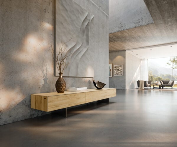 TV stolík Cuor 200 cm keramika Laminam® Sabbia dubová farba 1 výklopné dvierka 1 zásuvka podstava závesná nerezová oceľ