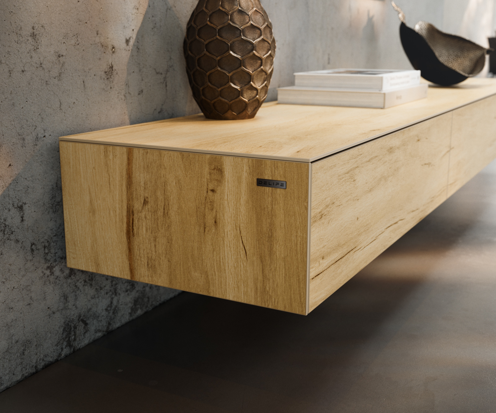 TV stolík Cuor 200 cm keramika Laminam® Sabbia dubová farba 1 výklopné dvierka 1 zásuvka podstava závesná nerezová oceľ - Image 6