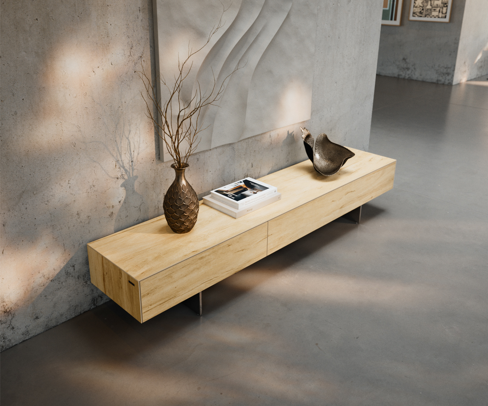 TV stolík Cuor 200 cm keramika Laminam® Sabbia dubová farba 1 výklopné dvierka 1 zásuvka podstava závesná nerezová oceľ - Image 4