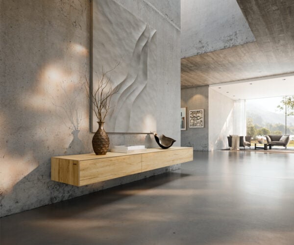 TV stolík Cuor 200 cm keramika Laminam® sabbia v dubovej farbe 1 výklopné dvierka 1 zásuvka závesné