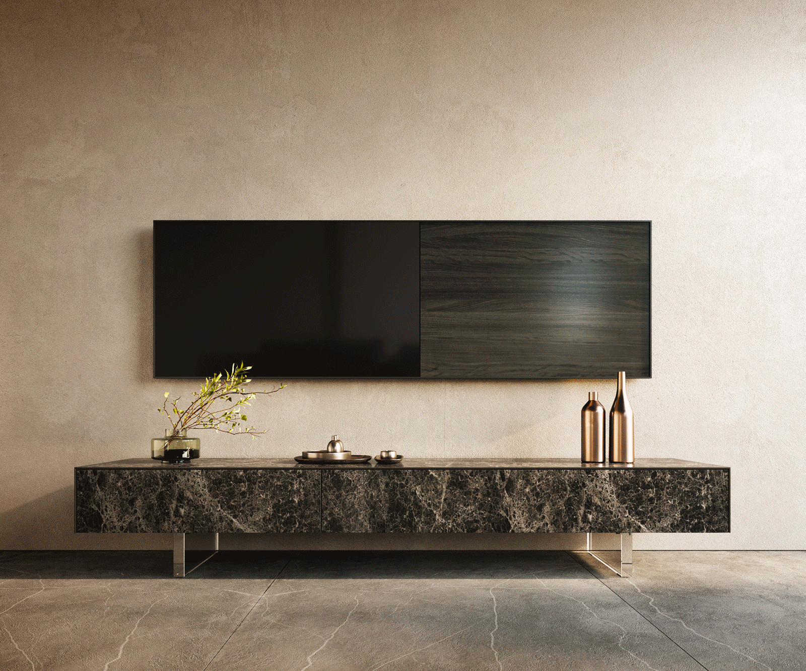 TV stolík Cuor 200 cm keramika Laminam® Emperador Extra Lucidato tmavohnedá 1 výklopné dvierka 1 zásuvka podstava závesná akrylové sklo - Image 2