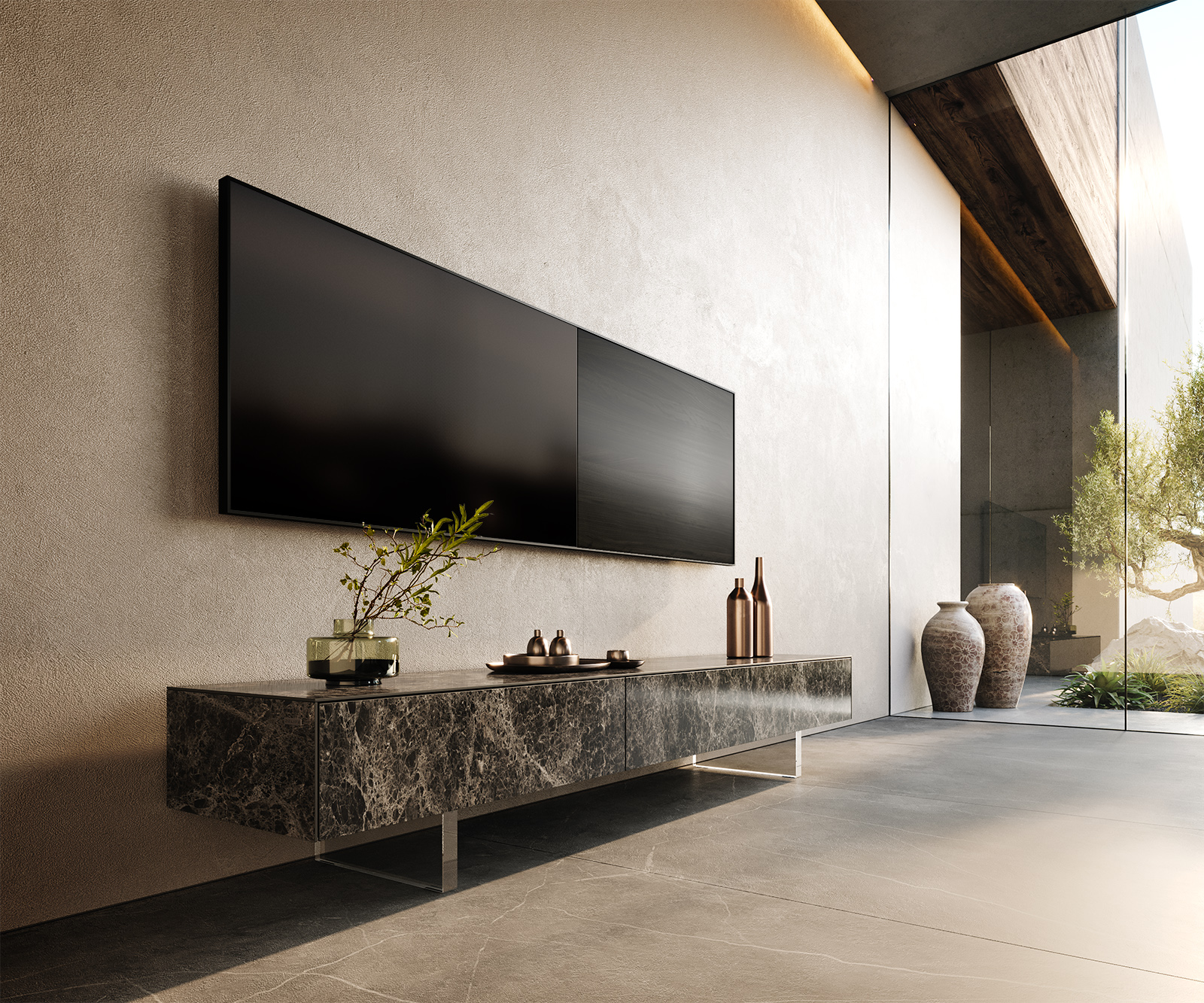 TV stolík Cuor 200 cm keramika Laminam® Emperador Extra Lucidato tmavohnedá 1 výklopné dvierka 1 zásuvka podstava závesná akrylové sklo