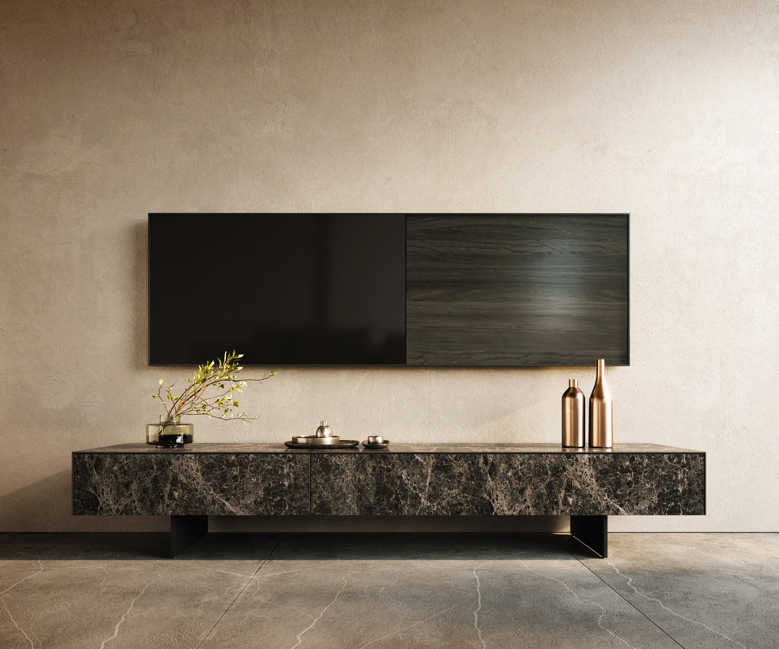 TV stolík Cuor 200 cm keramika Laminam® Emperador Extra Lucidato tmavohnedá 1 výklopné dvierka 1 zásuvka podstava závesná kov čierna - Image 2