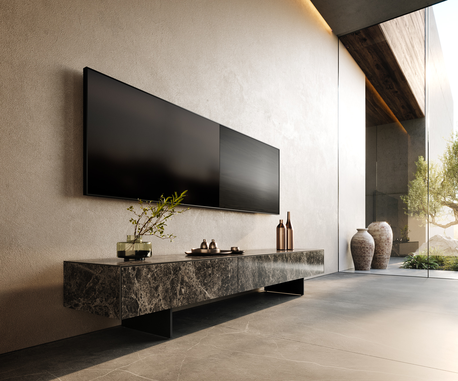 TV stolík Cuor 200 cm keramika Laminam® Emperador Extra Lucidato tmavohnedá 1 výklopné dvierka 1 zásuvka podstava závesná kov čierna