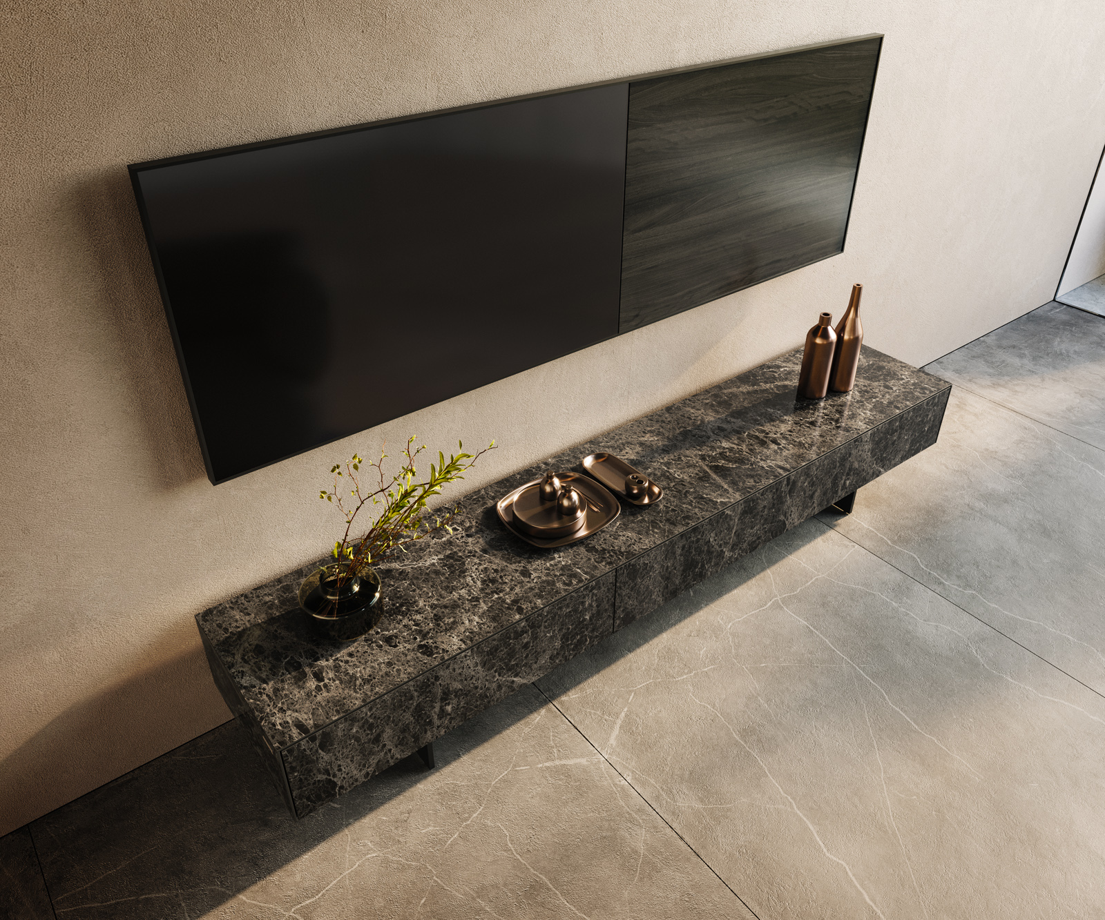 TV stolík Cuor 200 cm keramika Laminam® Emperador Extra Lucidato tmavohnedá 1 výklopné dvierka 1 zásuvka podstava závesná kov čierna - Image 4
