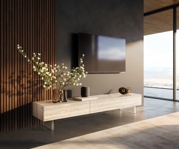 TV stolík Cuor 200 cm keramika Laminam® Travertino Bianco krémovo biela 1 výklopné dvierka 1 zásuvka podstava závesná akrylové sklo