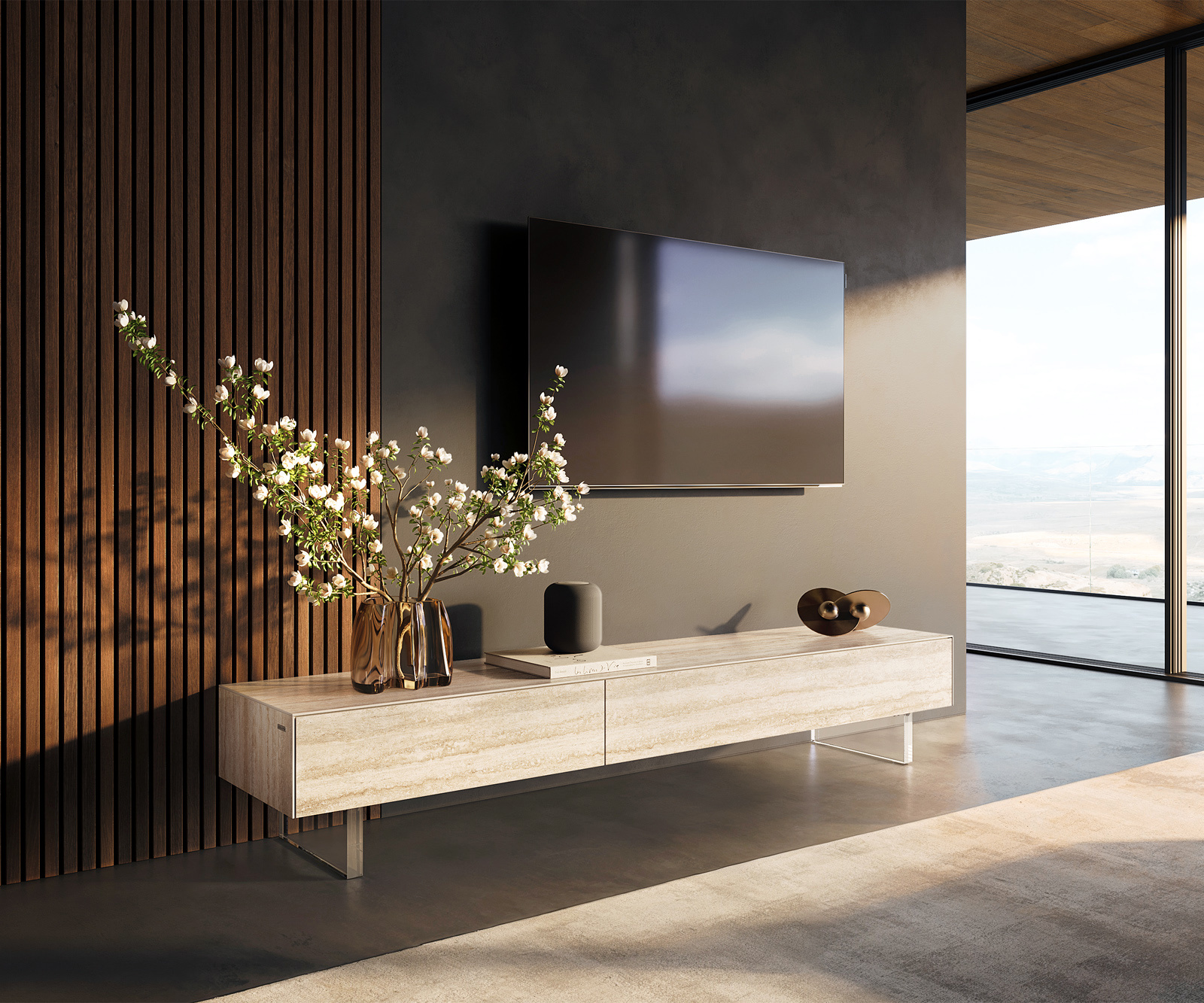 TV stolík Cuor 200 cm keramika Laminam® Travertino Bianco krémovo biela 1 výklopné dvierka 1 zásuvka podstava závesná akrylové sklo