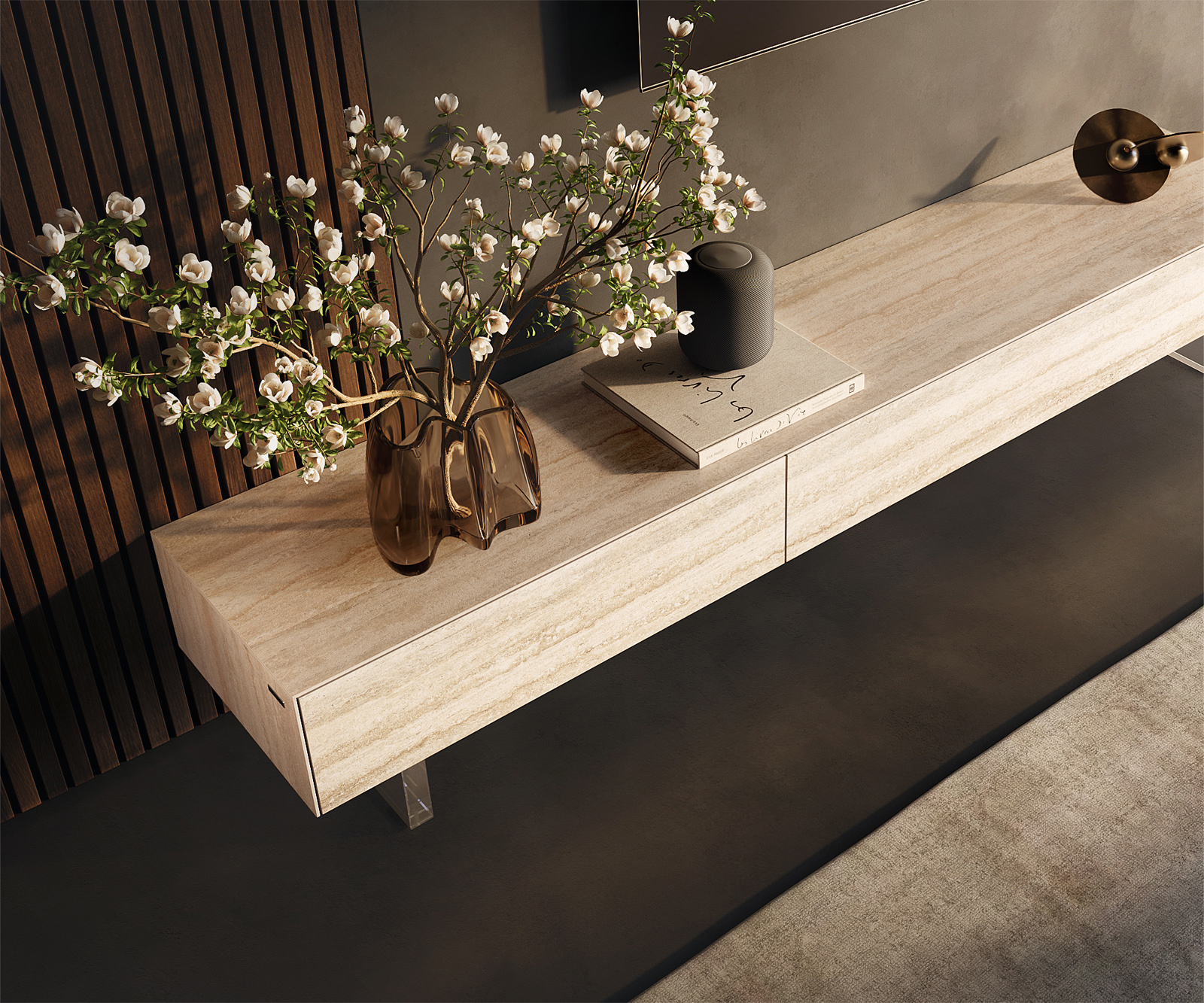 TV stolík Cuor 200 cm keramika Laminam® Travertino Bianco krémovo biela 1 výklopné dvierka 1 zásuvka podstava závesná akrylové sklo - Image 4