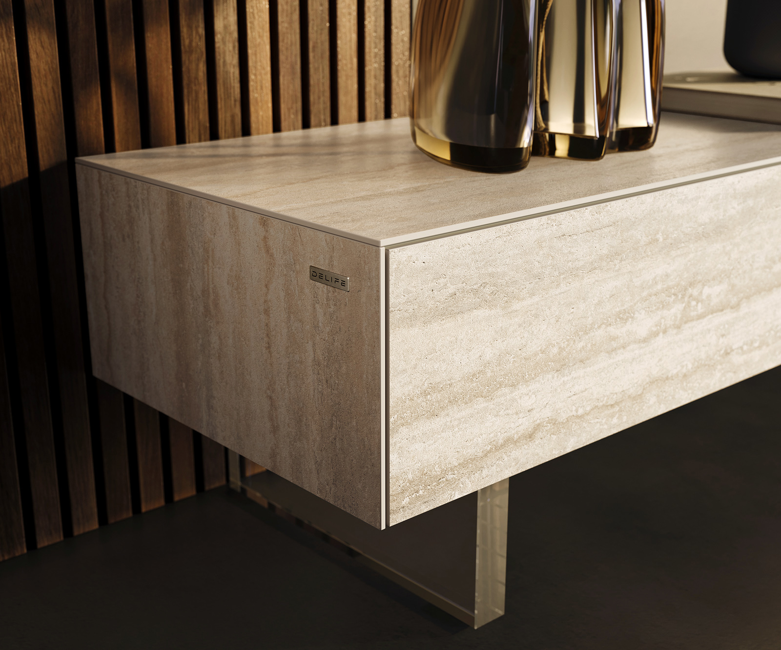 TV stolík Cuor 200 cm keramika Laminam® Travertino Bianco krémovo biela 1 výklopné dvierka 1 zásuvka podstava závesná akrylové sklo - Image 6