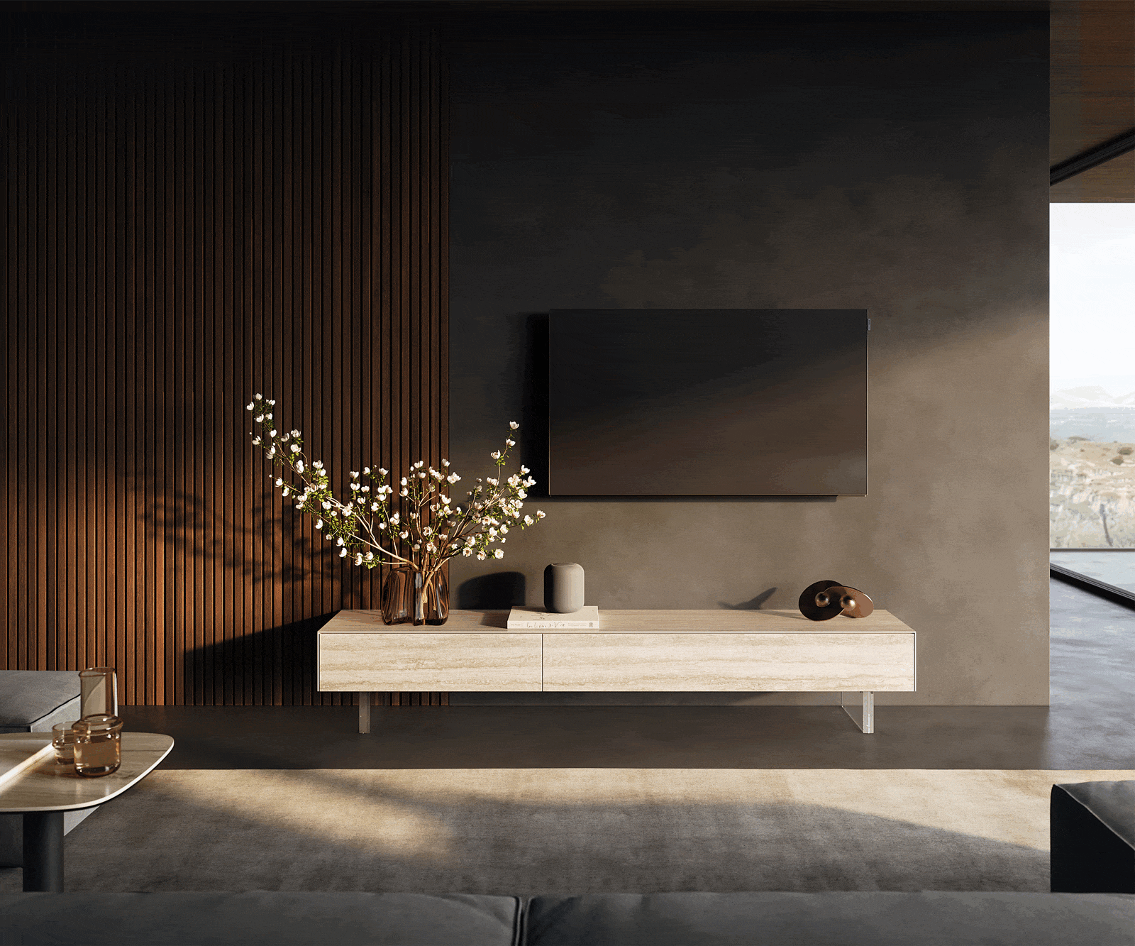 TV stolík Cuor 200 cm keramika Laminam® Travertino Bianco krémovo biela 1 výklopné dvierka 1 zásuvka podstava závesná akrylové sklo - Image 2