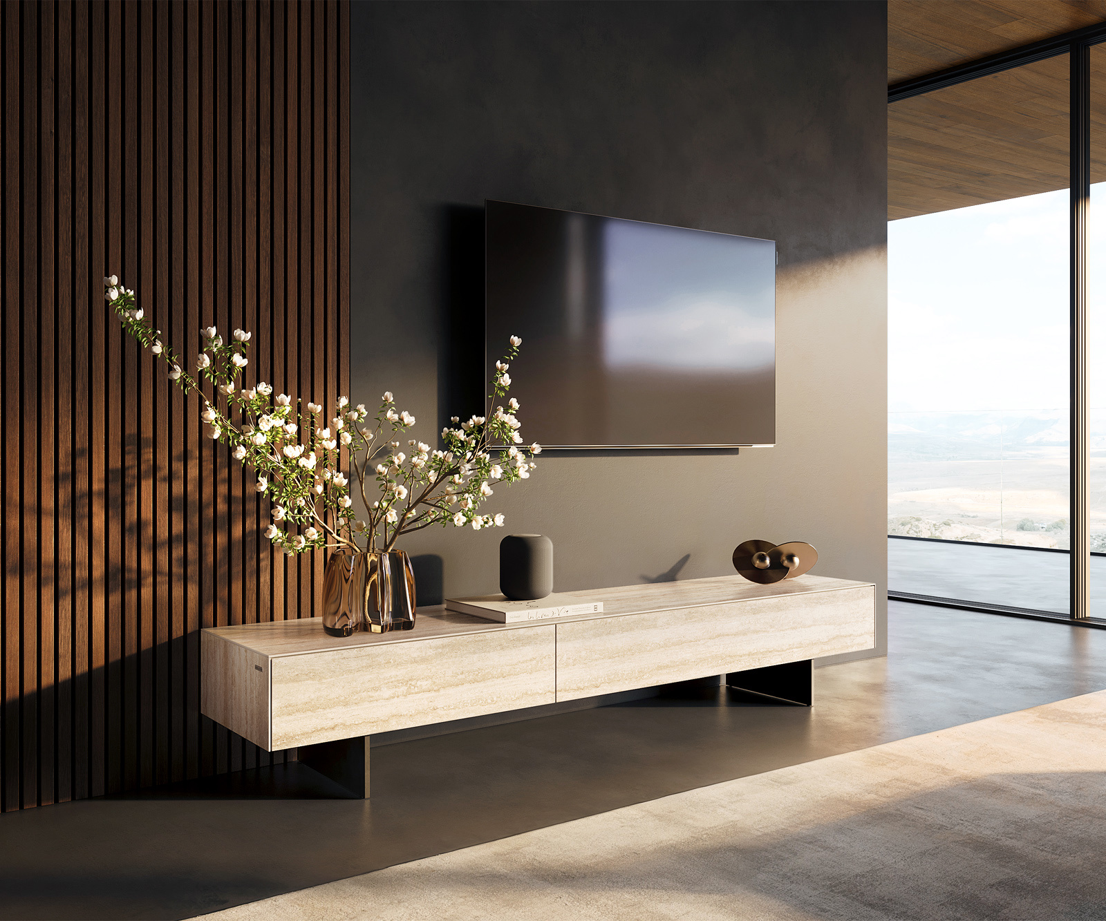 TV stolík Cuor 200 cm keramika Laminam® Travertino Bianco krémovo biela 1 výklopné dvierka 1 zásuvka podstava závesná kov čierna