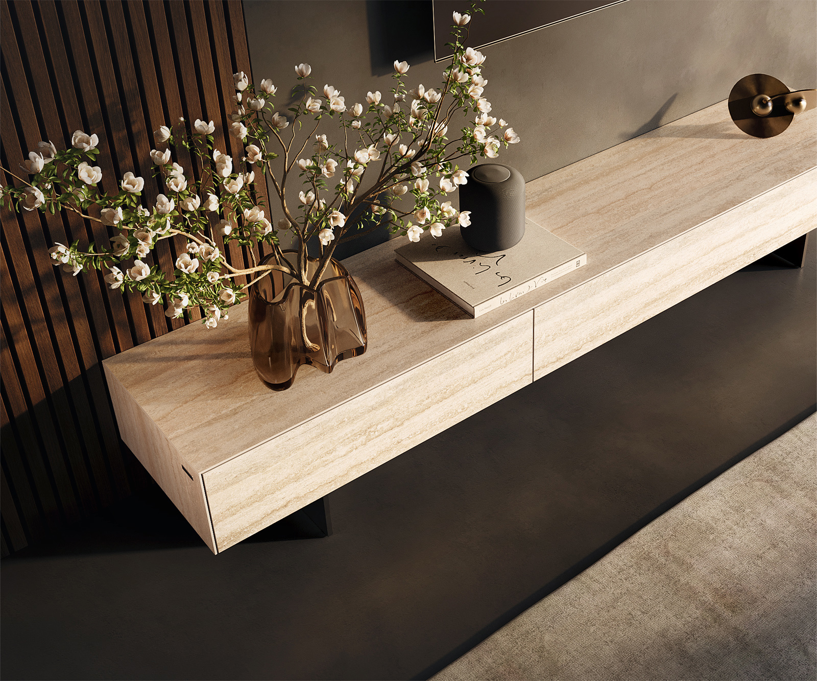 TV stolík Cuor 200 cm keramika Laminam® Travertino Bianco krémovo biela 1 výklopné dvierka 1 zásuvka podstava závesná kov čierna - Image 4