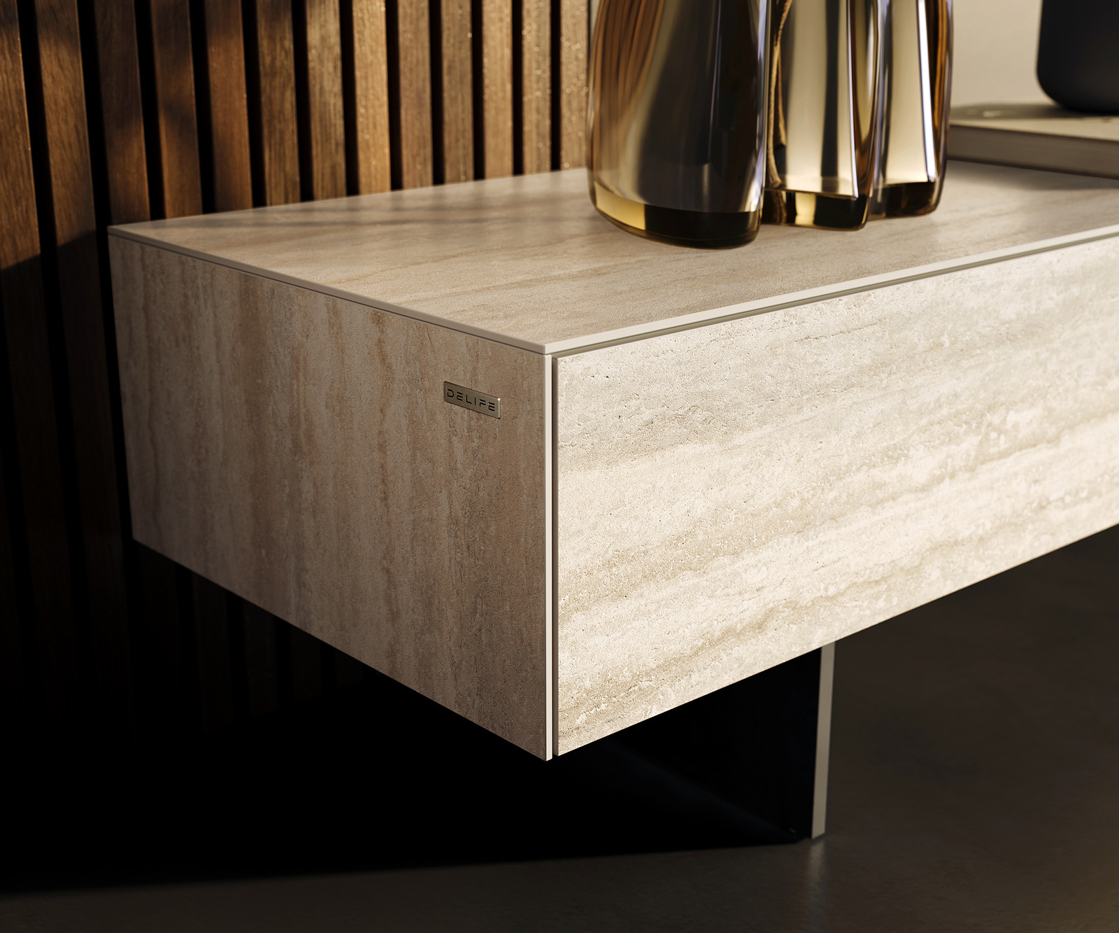 TV stolík Cuor 200 cm keramika Laminam® Travertino Bianco krémovo biela 1 výklopné dvierka 1 zásuvka podstava závesná kov čierna - Image 6