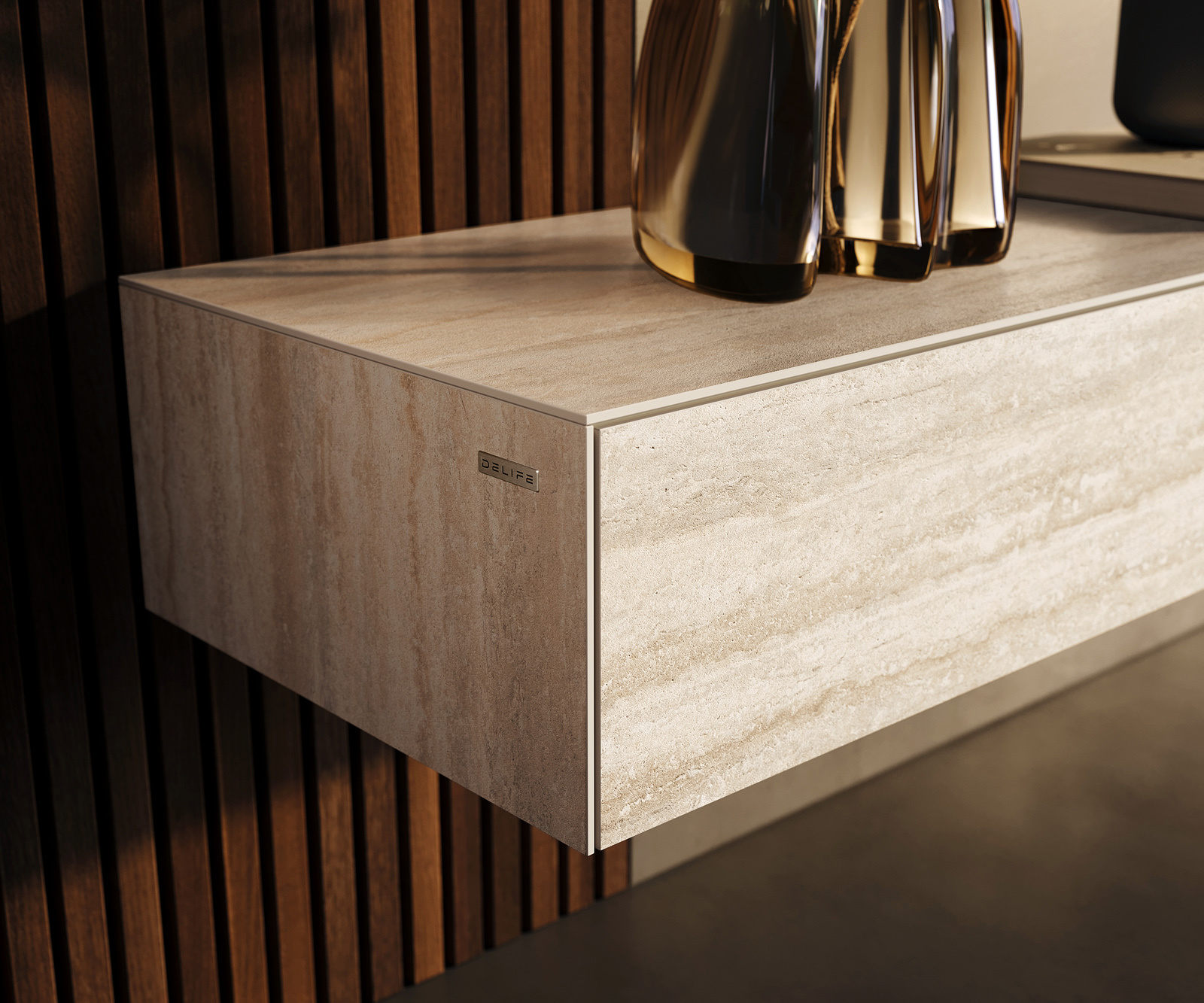 TV stolík Cuor 200 cm keramika Laminam® Travertino Bianco krémovo biela 1 výklopné dvierka 1 zásuvka podstava závesná nerezová oceľ - Image 6