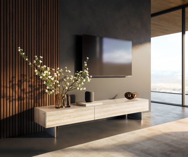 TV stolík Cuor 200 cm keramika Laminam® Travertino Bianco krémovo biela 1 výklopné dvierka 1 zásuvka podstava závesná nerezová oceľ