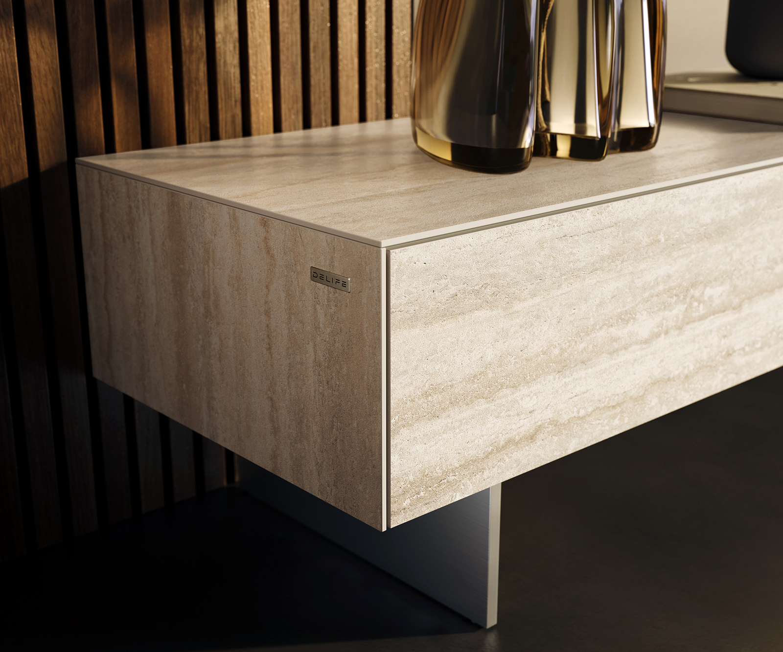 TV stolík Cuor 200 cm keramika Laminam® Travertino Bianco krémovo biela 1 výklopné dvierka 1 zásuvka závesné - Image 6