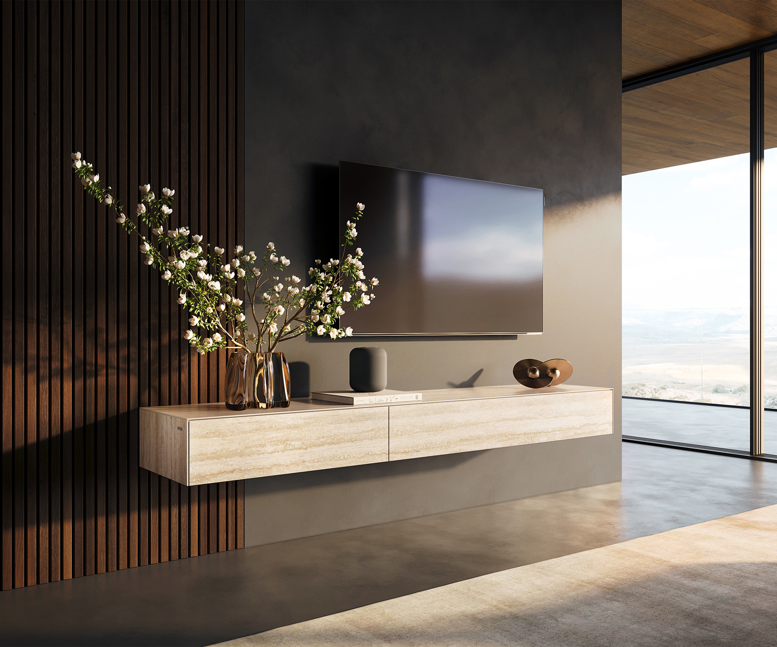 TV stolík Cuor 200 cm keramika Laminam® Travertino Bianco krémovo biela 1 výklopné dvierka 1 zásuvka závesné