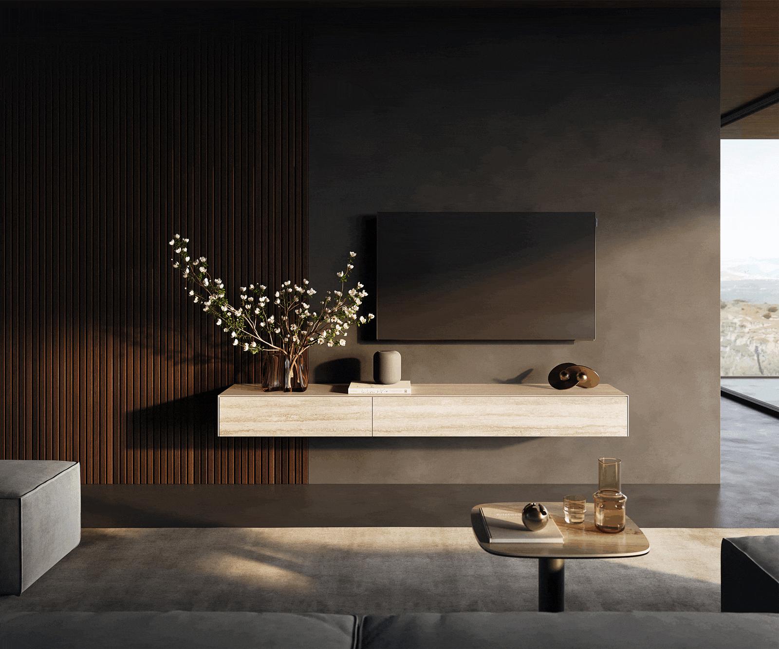 TV stolík Cuor 200 cm keramika Laminam® Travertino Bianco krémovo biela 1 výklopné dvierka 1 zásuvka závesné - Image 2