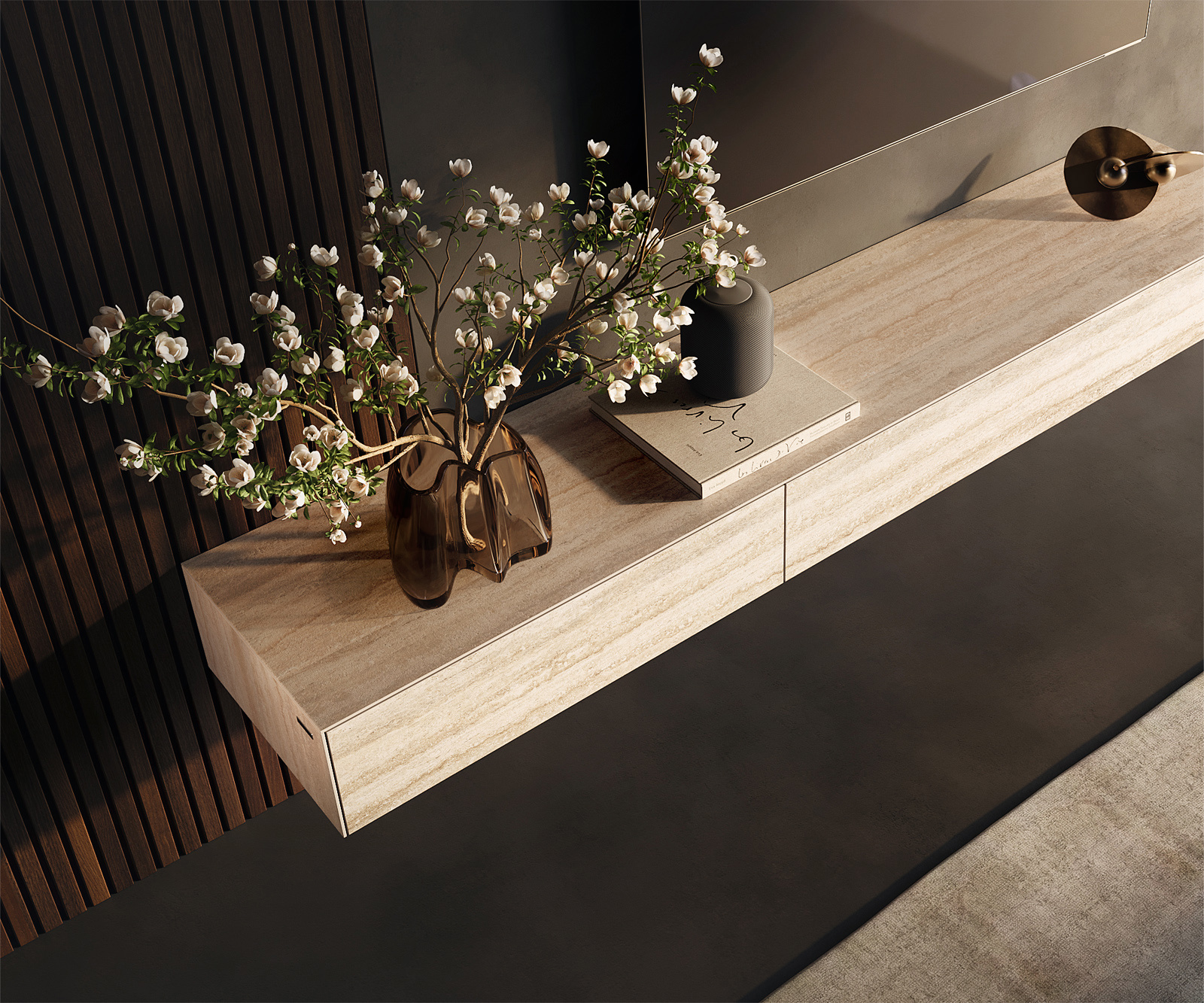 TV stolík Cuor 200 cm keramika Laminam® Travertino Bianco krémovo biela 1 výklopné dvierka 1 zásuvka závesné - Image 4