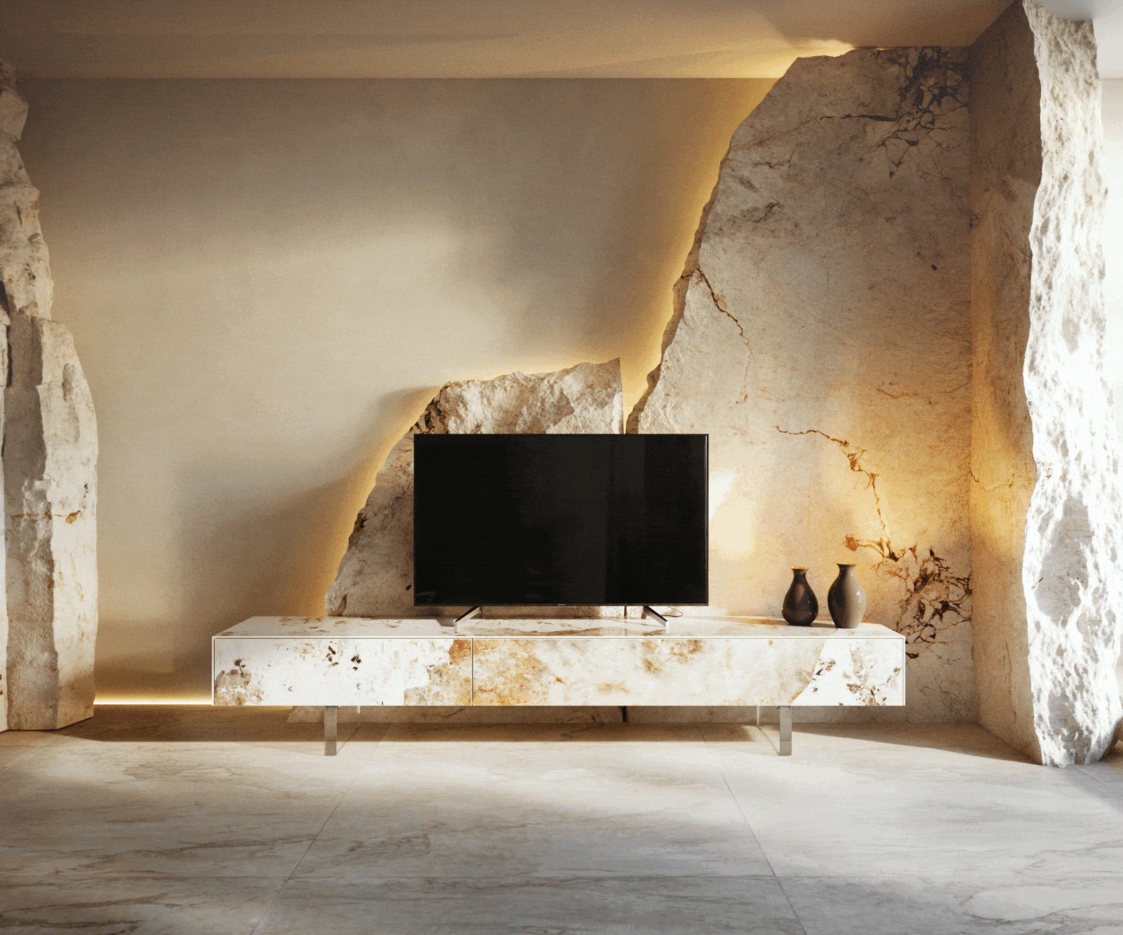 TV stolík Cuor 200 cm keramika Minas Melange bielo-béžová 1 výklopné dvierka 1 zásuvka podstava závesná akrylové sklo - Image 6