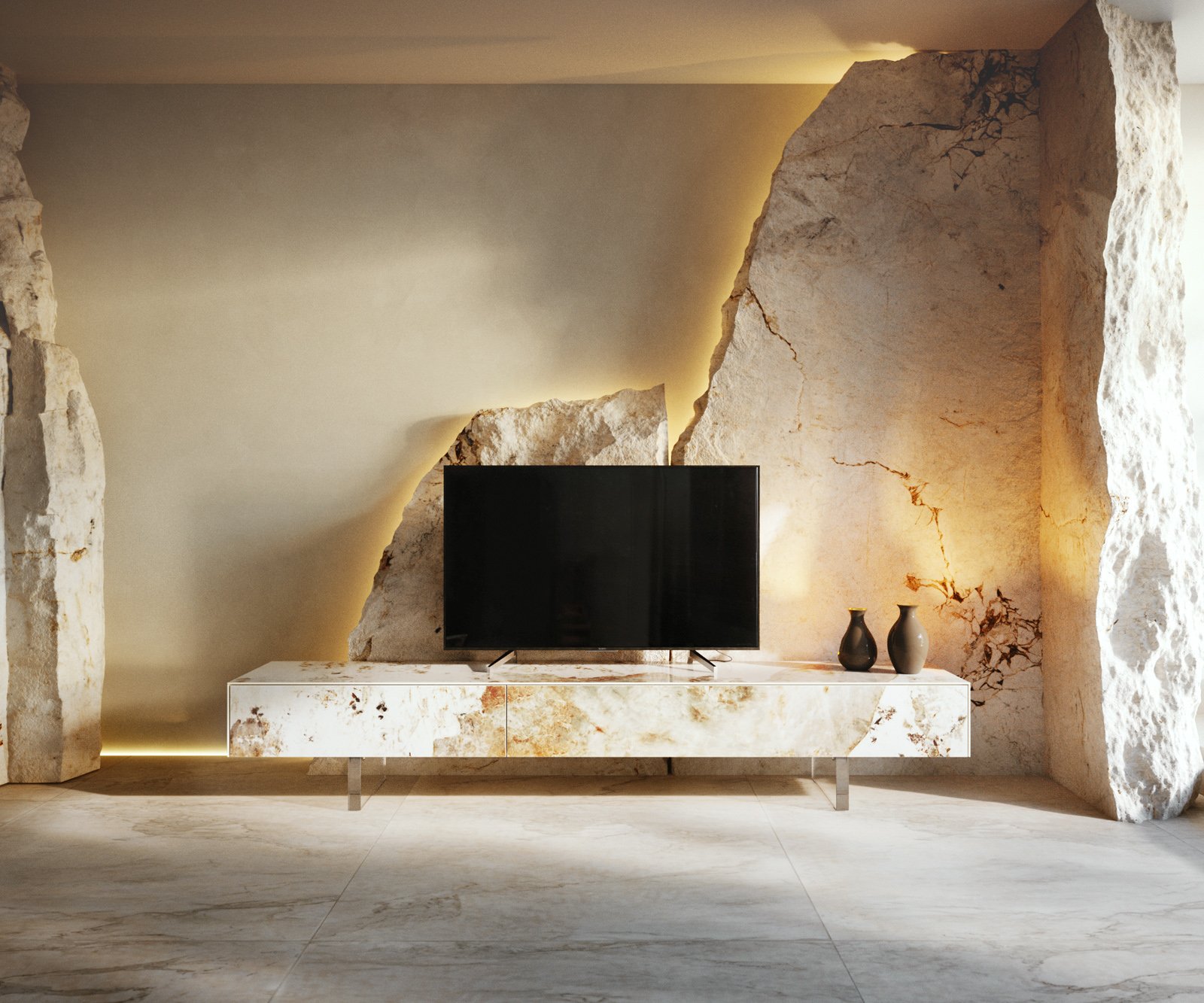 TV stolík Cuor 200 cm keramika Minas Melange bielo-béžová 1 výklopné dvierka 1 zásuvka podstava závesná akrylové sklo