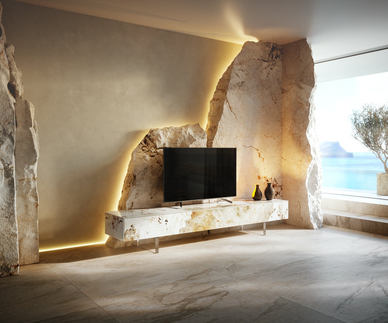 TV stolík Cuor 200 cm keramika Minas Melange bielo-béžová 1 výklopné dvierka 1 zásuvka podstava závesná akrylové sklo - Image 2