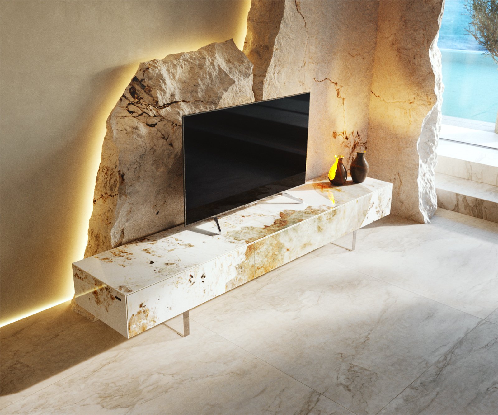 TV stolík Cuor 200 cm keramika Minas Melange bielo-béžová 1 výklopné dvierka 1 zásuvka podstava závesná akrylové sklo - Image 4