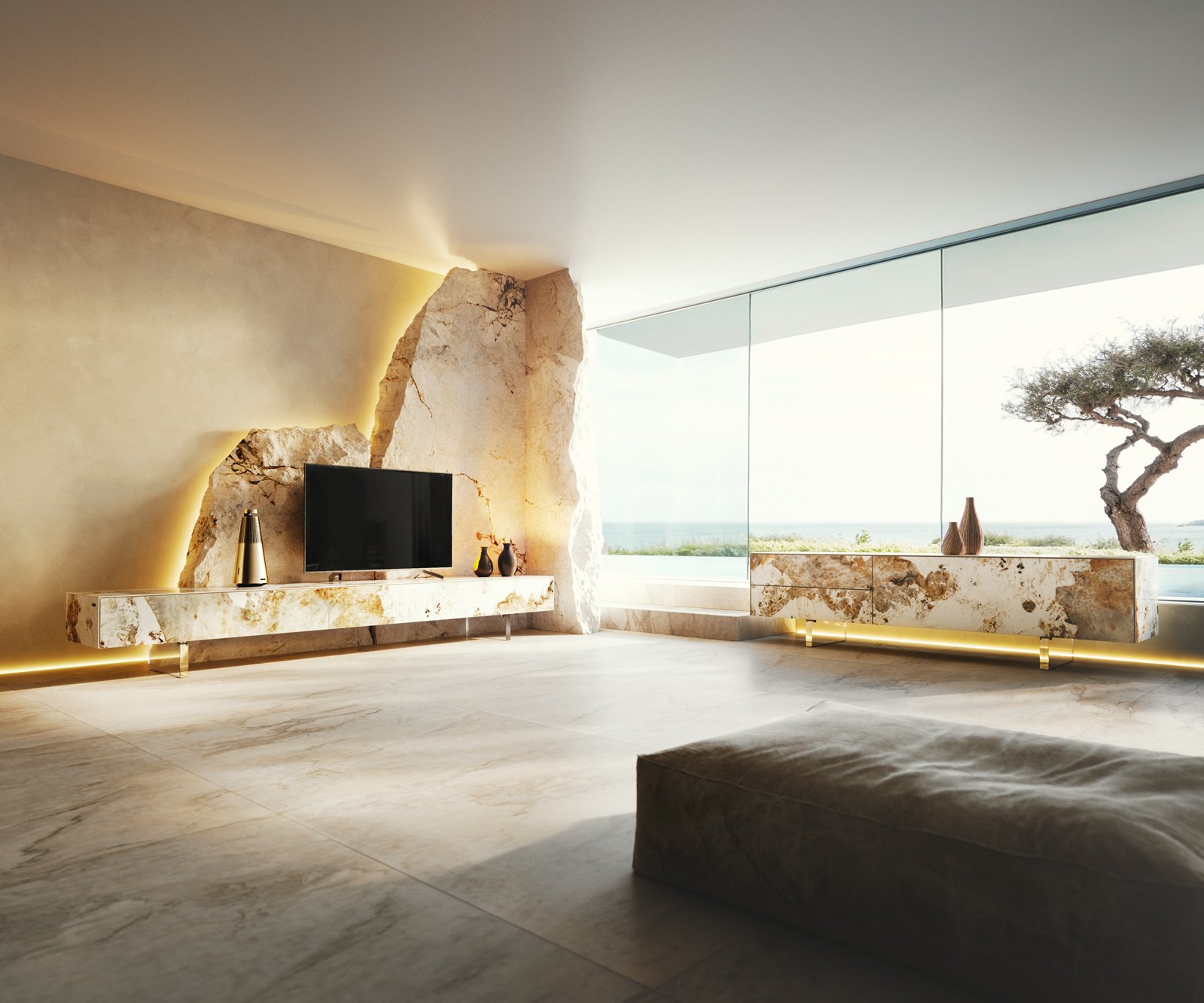 TV stolík Cuor 200 cm keramika Minas Melange bielo-béžová 1 výklopné dvierka 1 zásuvka podstava závesná akrylové sklo - Image 8