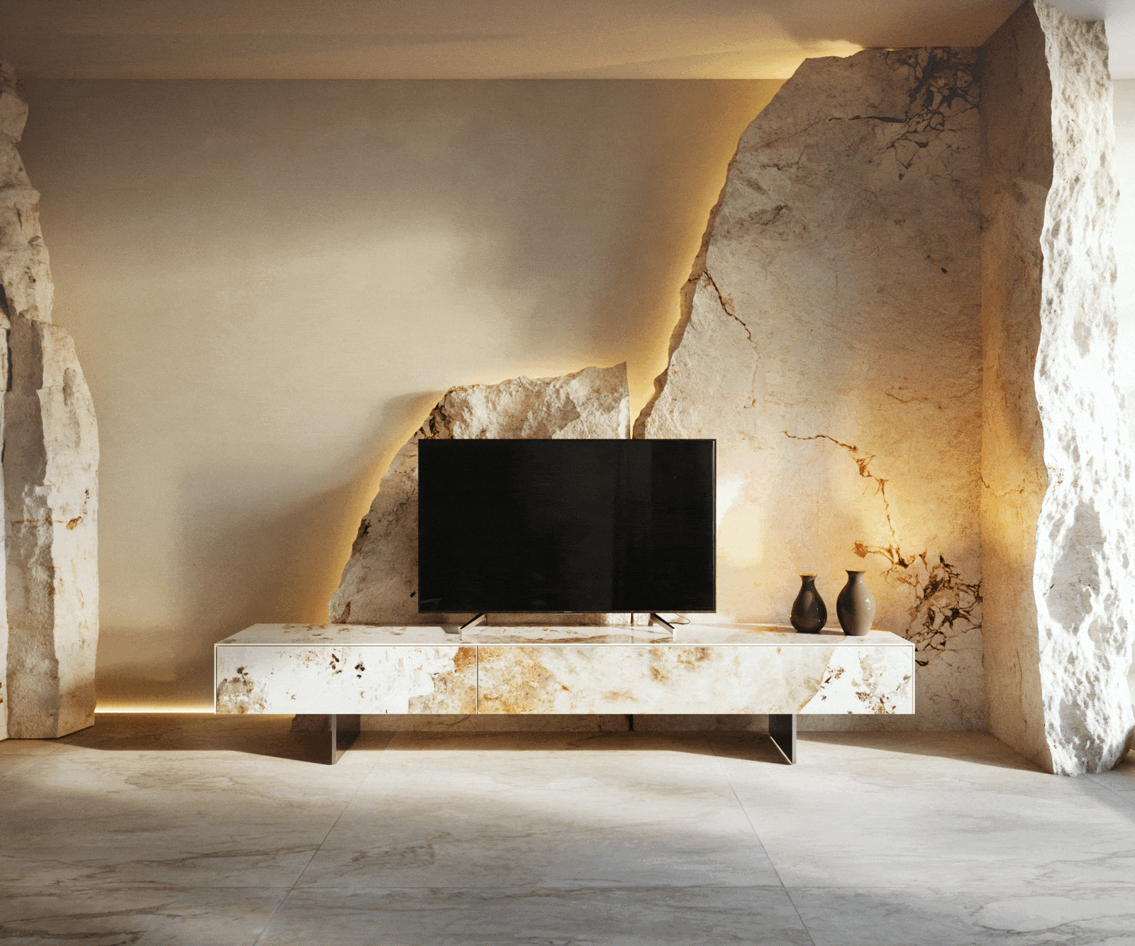 TV stolík Cuor 200 cm keramika Minas Melange bielo-béžová 1 výklopné dvierka 1 zásuvka podstava závesná nerezová oceľ - Image 6