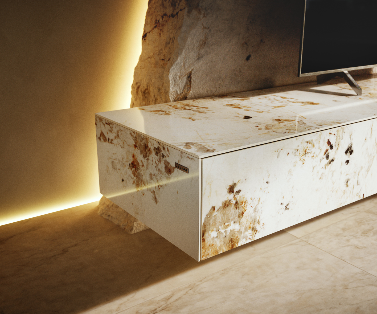 TV stolík Cuor 200 cm keramika Minas Melange bielo-béžová 1 výklopné dvierka 1 zásuvka podstava závesná nerezová oceľ - Image 7