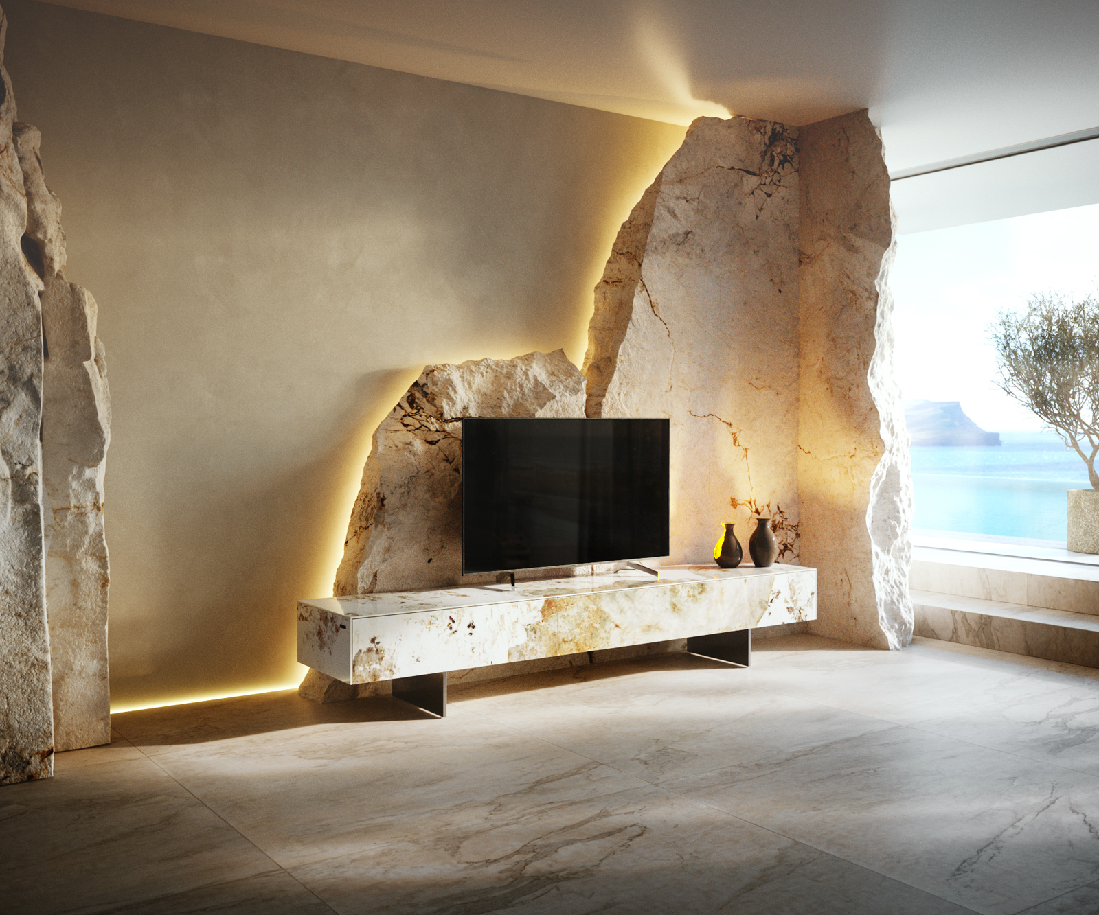 TV stolík Cuor 200 cm keramika Minas Melange bielo-béžová 1 výklopné dvierka 1 zásuvka podstava závesná nerezová oceľ - Image 2